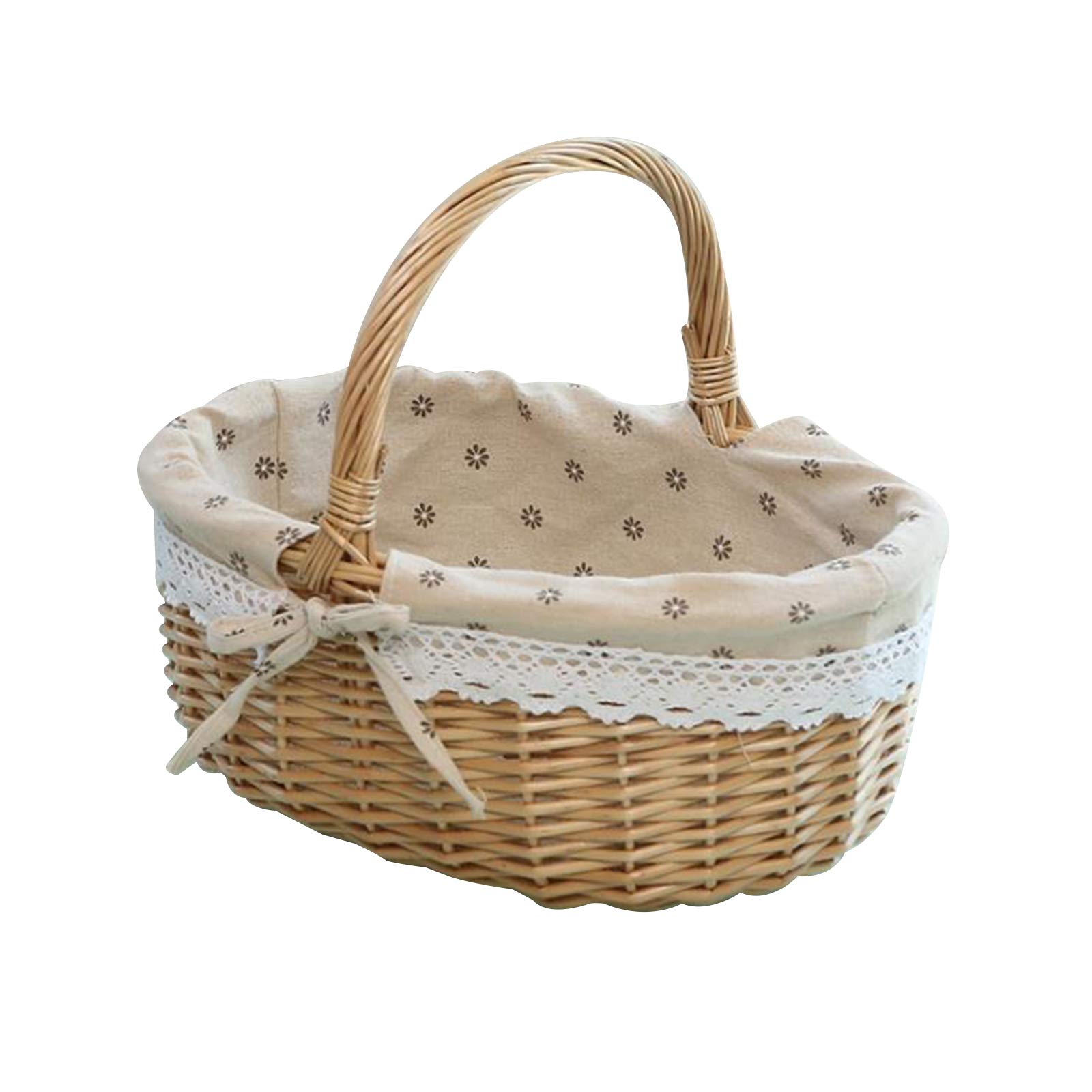 Handmade Woven Willow Picnic Basket with Handle - 10.2 x 7.9 x 11 Inch Oval Storage Hamper for Candy, Fruits, Bread - Perfect for Camping, Hiking, Beach Outings & Wedding Decor