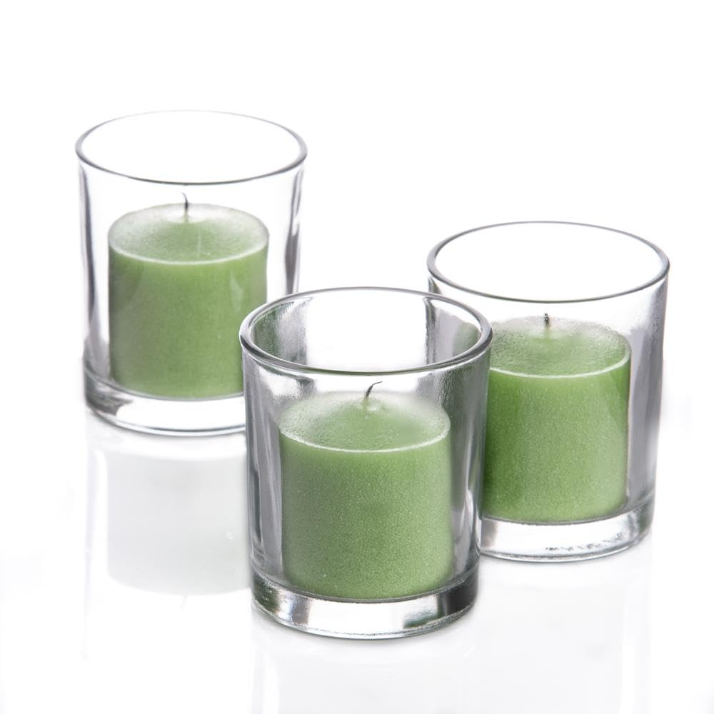 144 Richland Unscented Green Votive Candles & 144 Clear Glass Eastland Votive Holders Set - Perfect for Weddings, Parties, Restaurants, and Home Decor