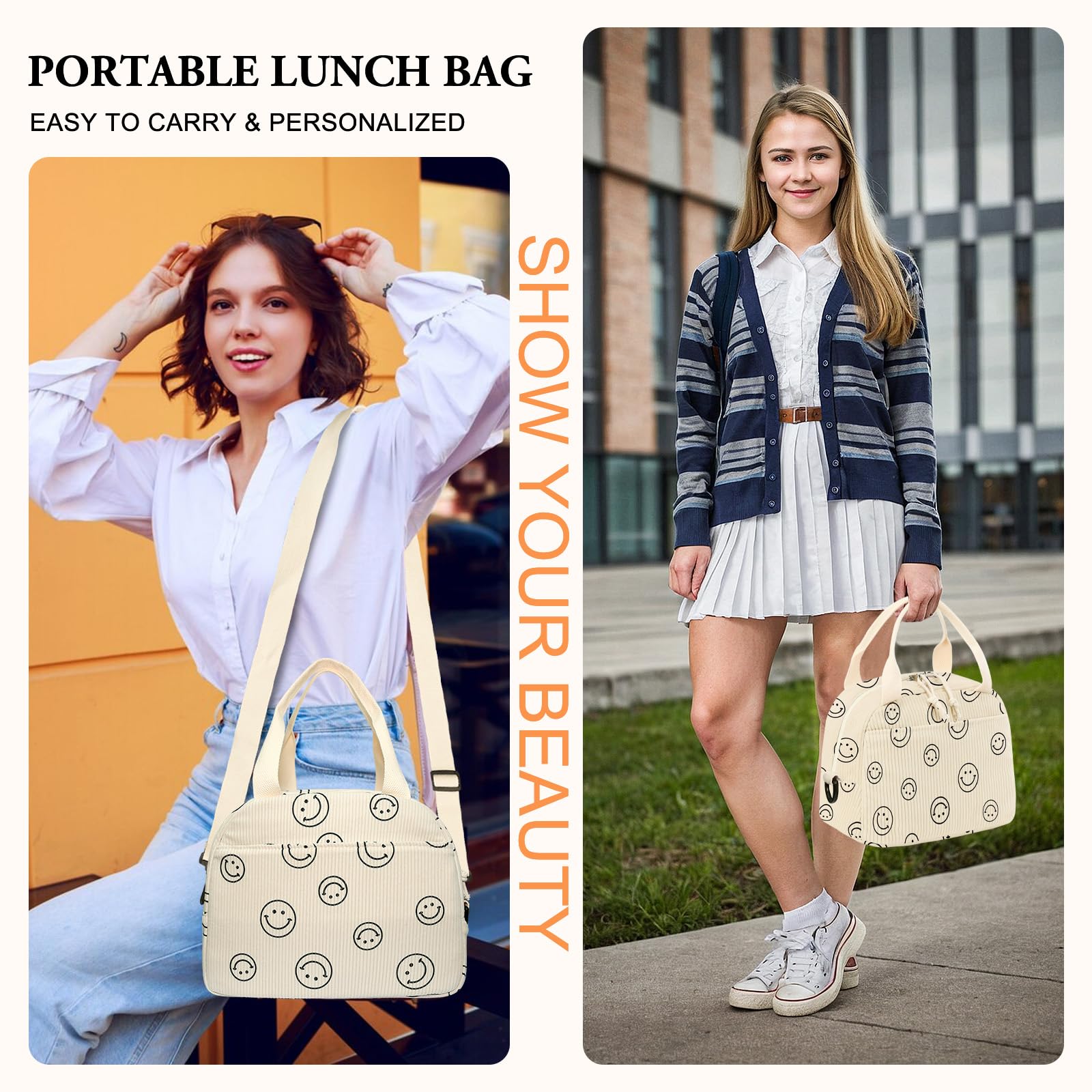 Insulated Reusable Lunch Bag for Women & Men - Large Corduroy Lunch Box with Shoulder Strap, Cute Smiley Tote Bag for Work, Office, School, Picnic & Outdoor Activities | Eco-Friendly Cooler Lunch Case