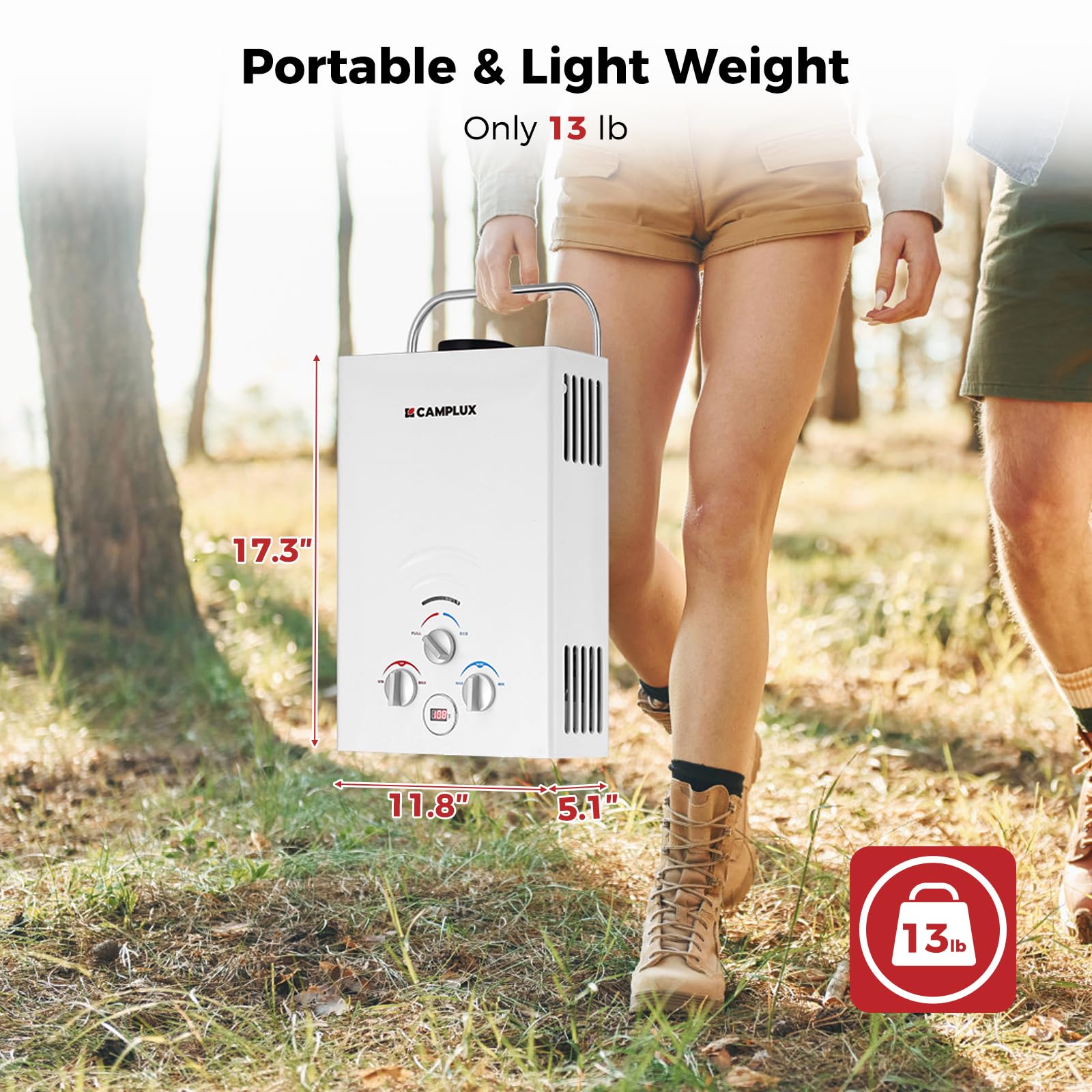 CAMPLUX 1.58 GPM Tankless Propane Water Heater - 41,000 BTU Portable Outdoor Water Heater for Camping, RV, Hunting & Off-Grid Living - Instant Hot Water System (BW158, White)