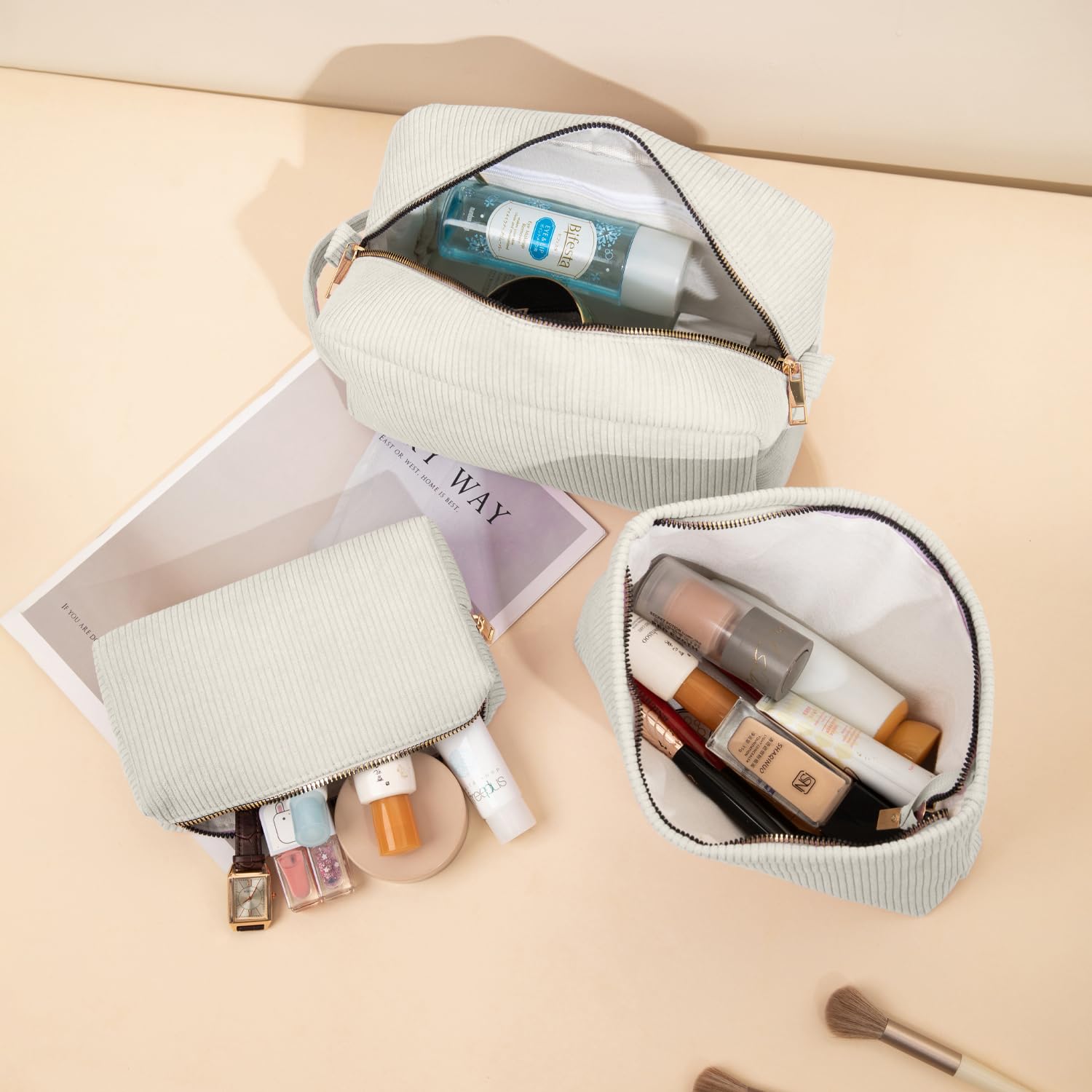 3-Piece Corduroy Makeup Bag Set for Women - Travel Cosmetic Organizer, Toiletry Pouch & Brush Storage - Essential Beauty Accessories for On-the-Go (Beige) | Perfect for Vacation, Gym & Daily Use