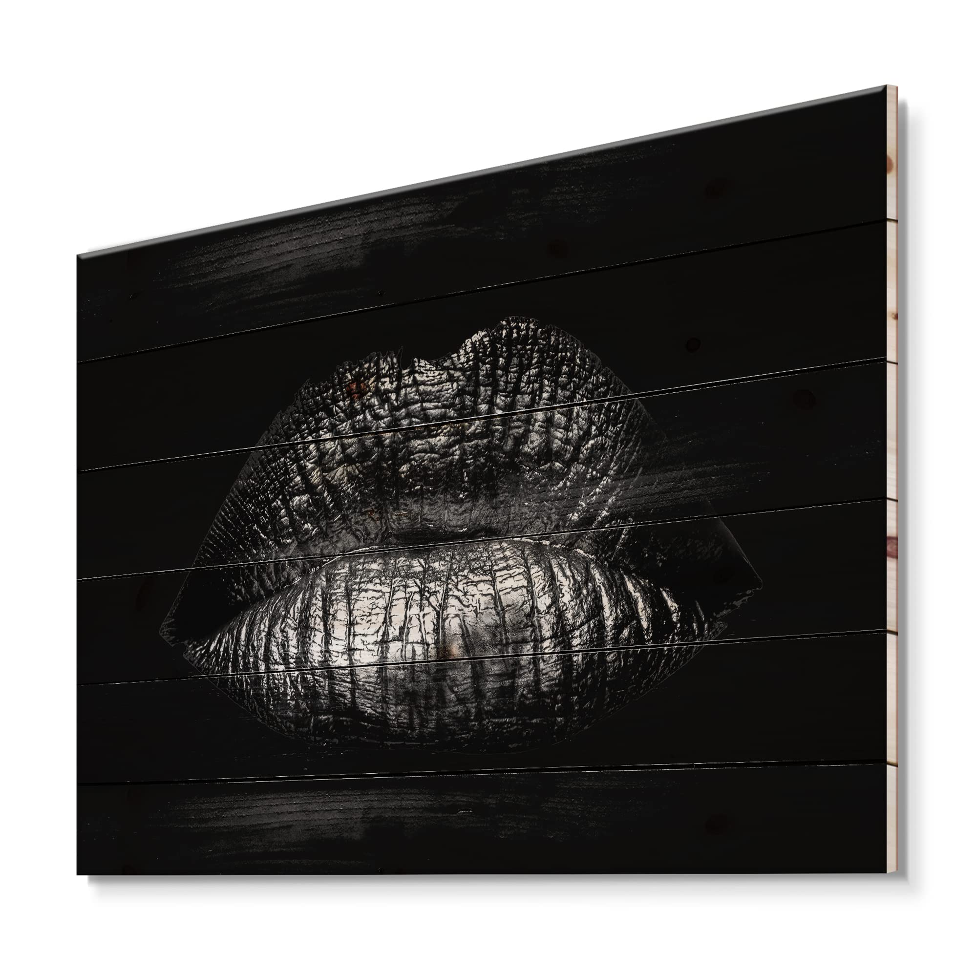 Golden Metallized Lips Wood Wall Art - Modern Home Decor for Living Room