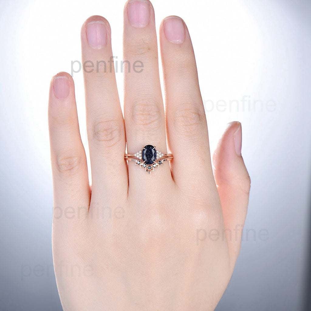**Vintage Oval Blue Sandstone Engagement Ring Set with Moissanite Cluster & Black Diamond - Unique Galaxy Wedding Band for Women - Perfect for Proposals, Anniversaries & Special Occasions**