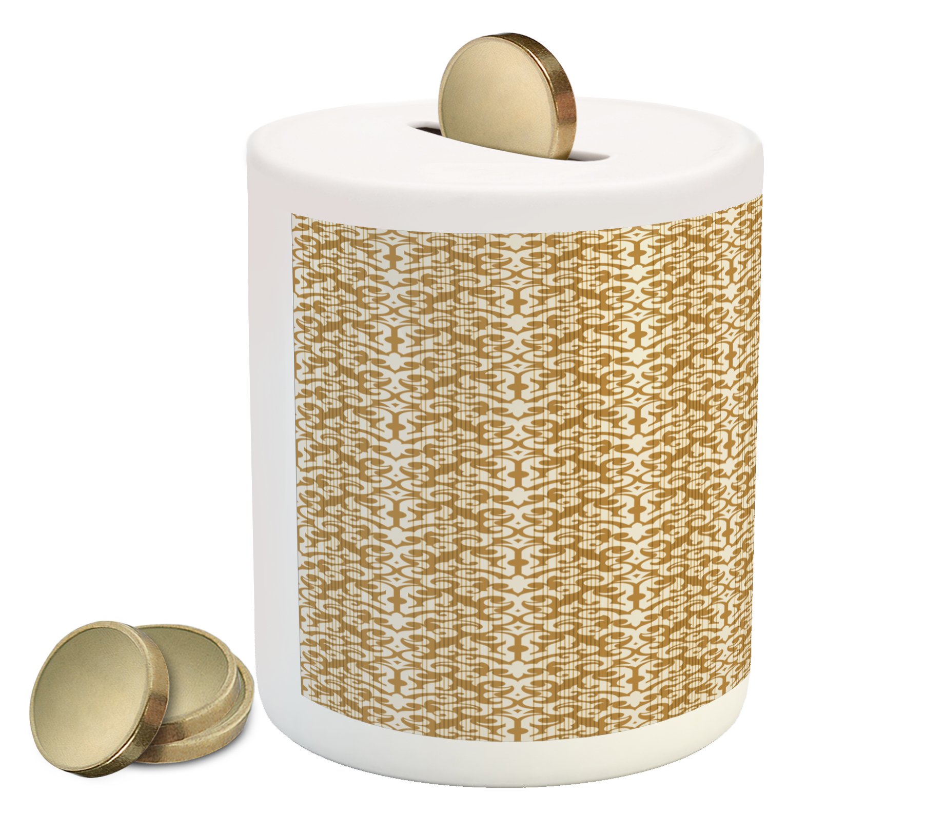 Ambesonne Ceramic Piggy Bank - Eastern Inspired Damask Design with Soft Floral Motifs, Money Saving Coin Bank for Kids & Adults - Perfect for Home Decor, Gift Giving & Cash Savings (Pale Caramel Cream)