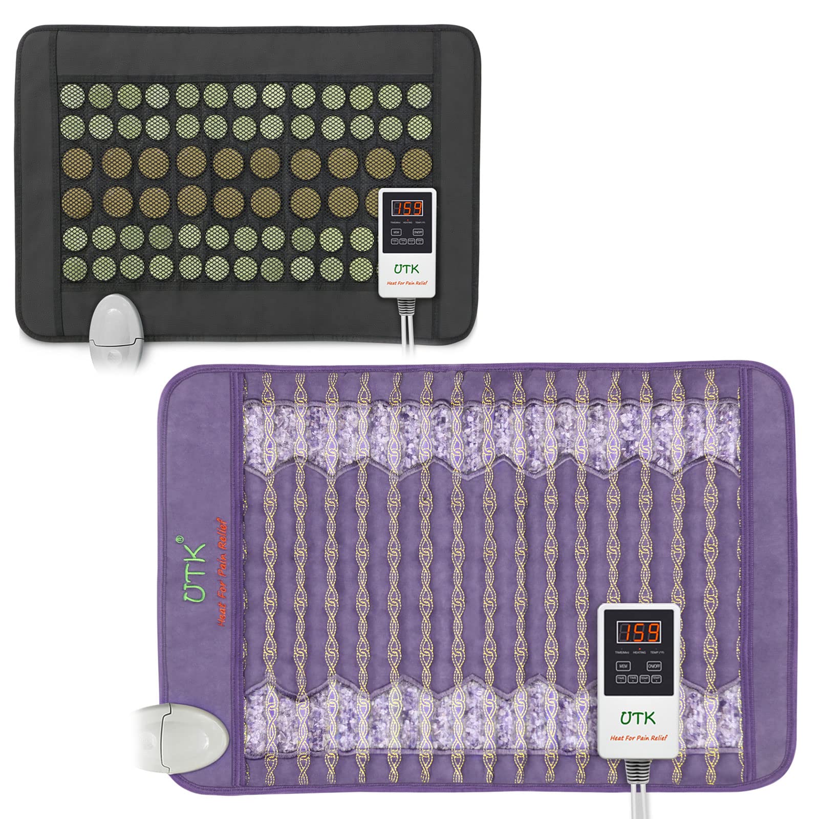 Far Infrared Heating Pad with Amethyst Healing Stones - Pain Relief & Muscle Relaxation for Back, Neck, Shoulders - Portable Electric Heat Therapy for Home & Office Use