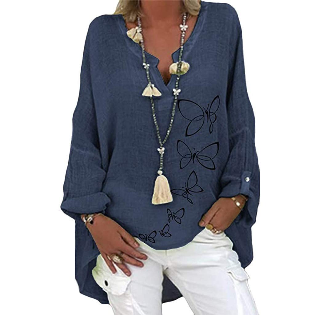 Wirziis Women's Plus Size Linen Tunic Top - Long Sleeve Dandelion Print Loose Fit V-Neck Blouse for Leggings | Casual Wear, Office Outfits & Spring Layering