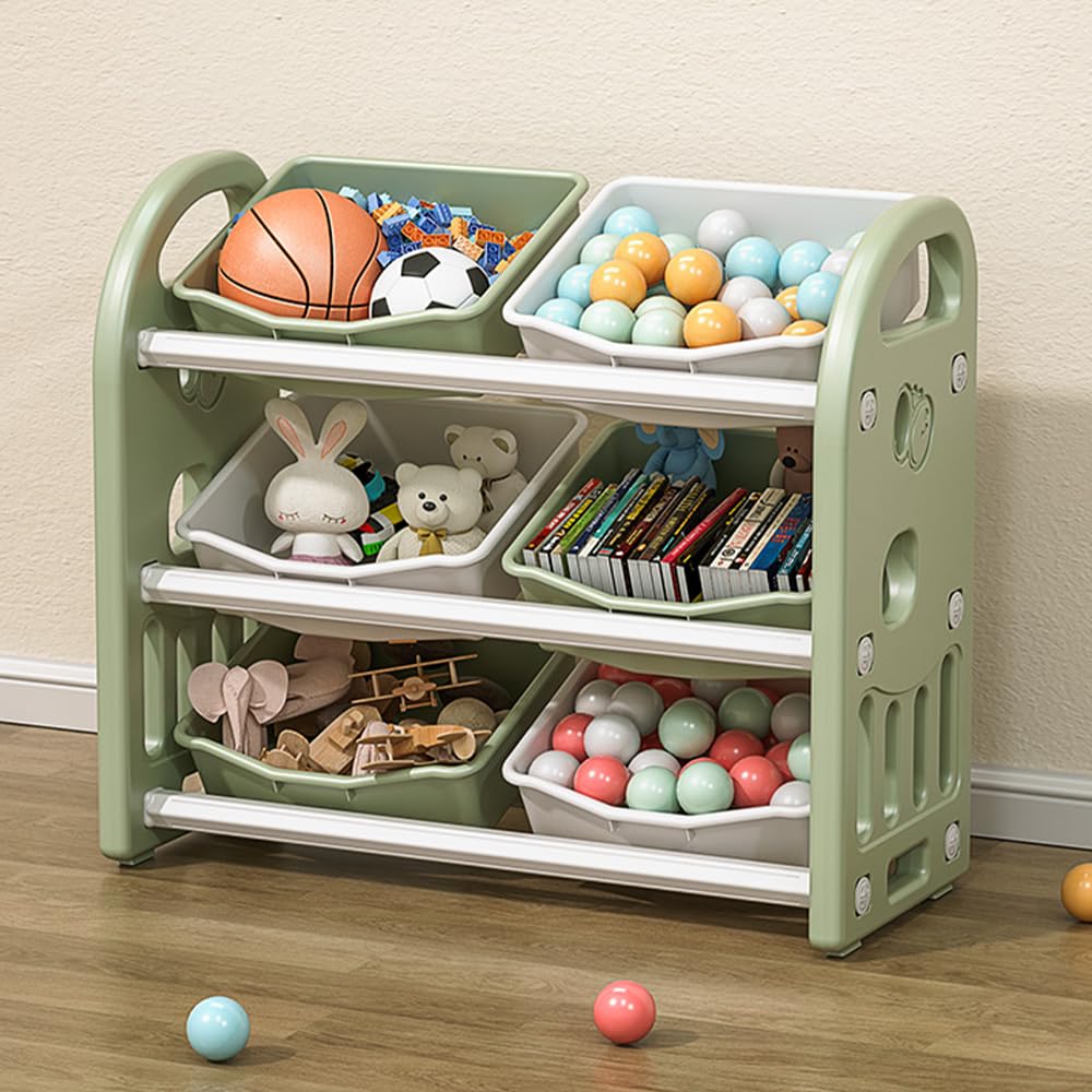 6-Bin Kids Toy Organizer - Sturdy Storage Solution for Children's Toys, Books, Building Blocks & School Supplies (Green) | Perfect for Playrooms, Bedrooms & Daycare Centers