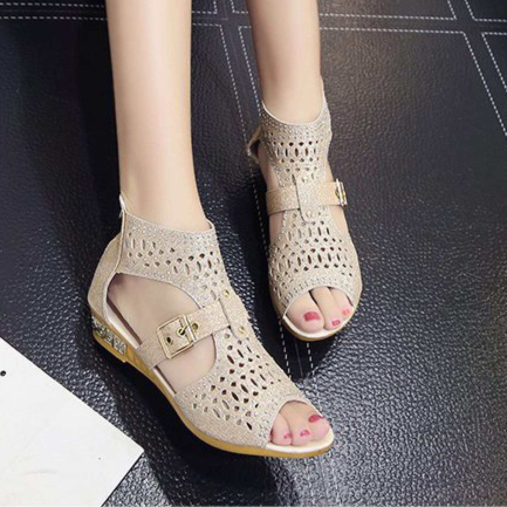 Women's Comfortable Peep Toe Low Wedge Heel Sandals with T-Strap & Back Zip - Fashionable Hollow Out Design for Beach, Summer & Casual Wear