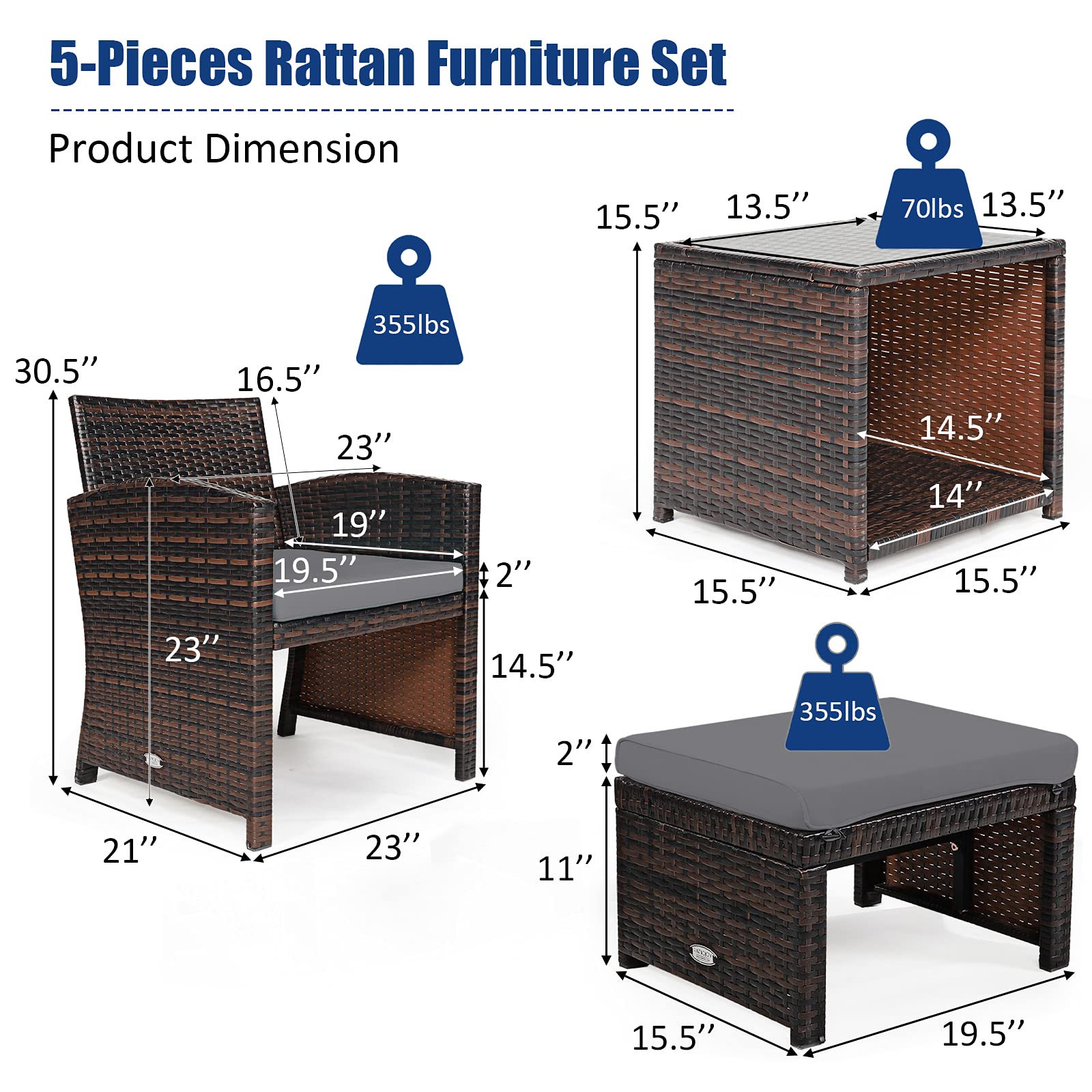 COSTWAY 5-Piece Patio Rattan Wicker Furniture Set with Cushioned Chairs, Ottoman & Side Table - Grey Outdoor Conversation Set for Backyard, Deck, Garden or Poolside Relaxation