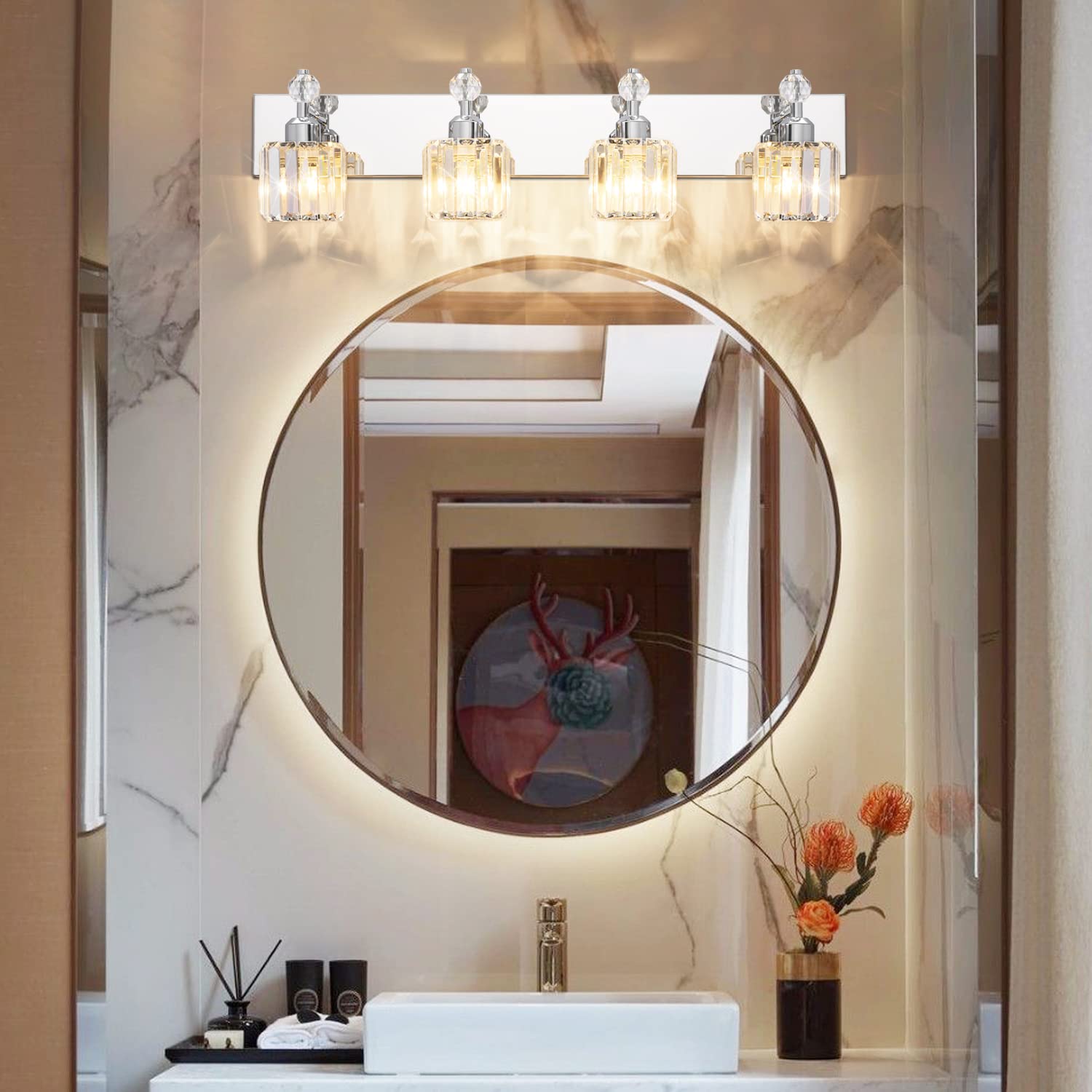 PRESDE Modern 4-Light LED Bathroom Vanity Lighting - Chrome Finish with Crystal Accents for Bathroom, Powder Room & Dressing Area - Elegant Illumination for Makeup & Grooming