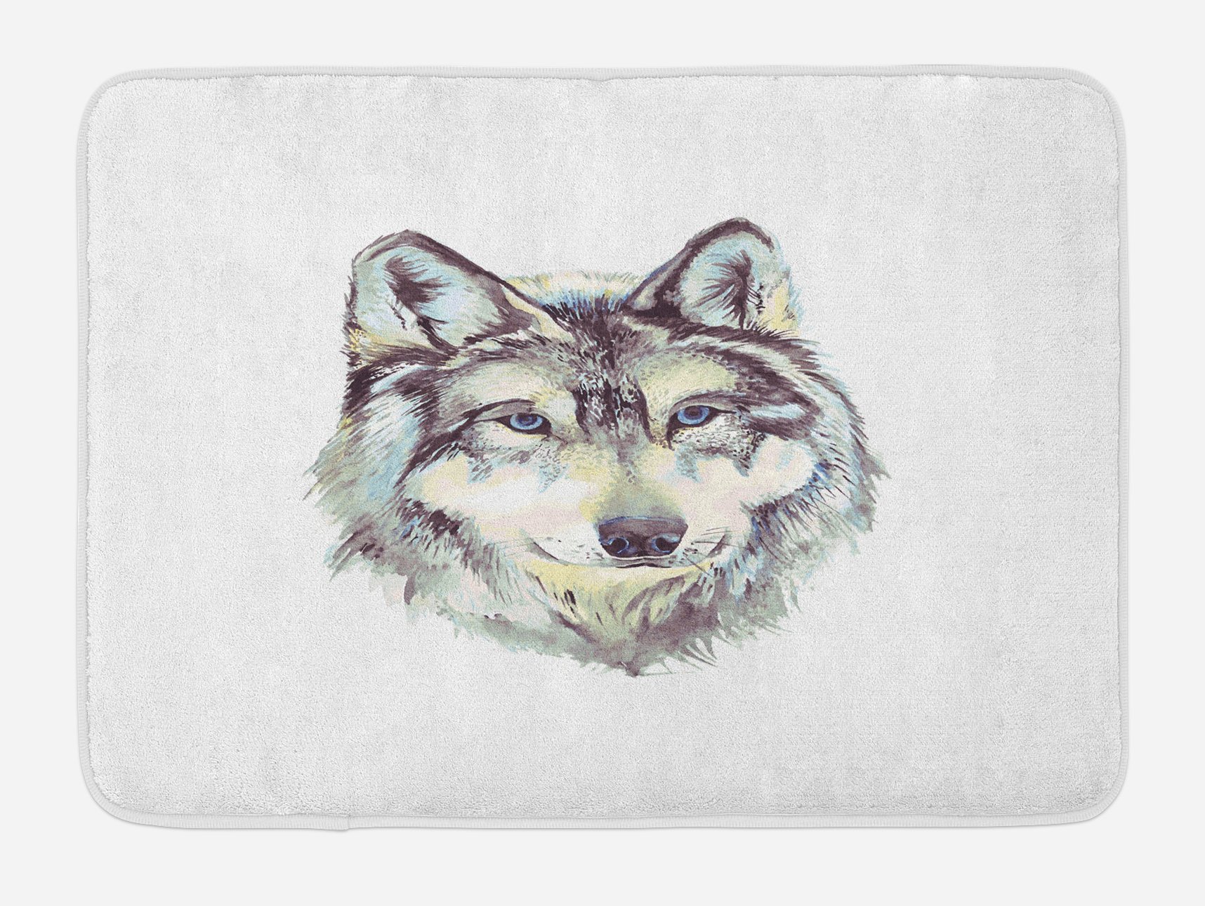 Ambesonne Wolf Bath Mat - Hand Drawn Canine Portrait with Blue Eyes, Watercolor Wildlife Design, Non-Slip Plush Bathroom Rug, 30.2