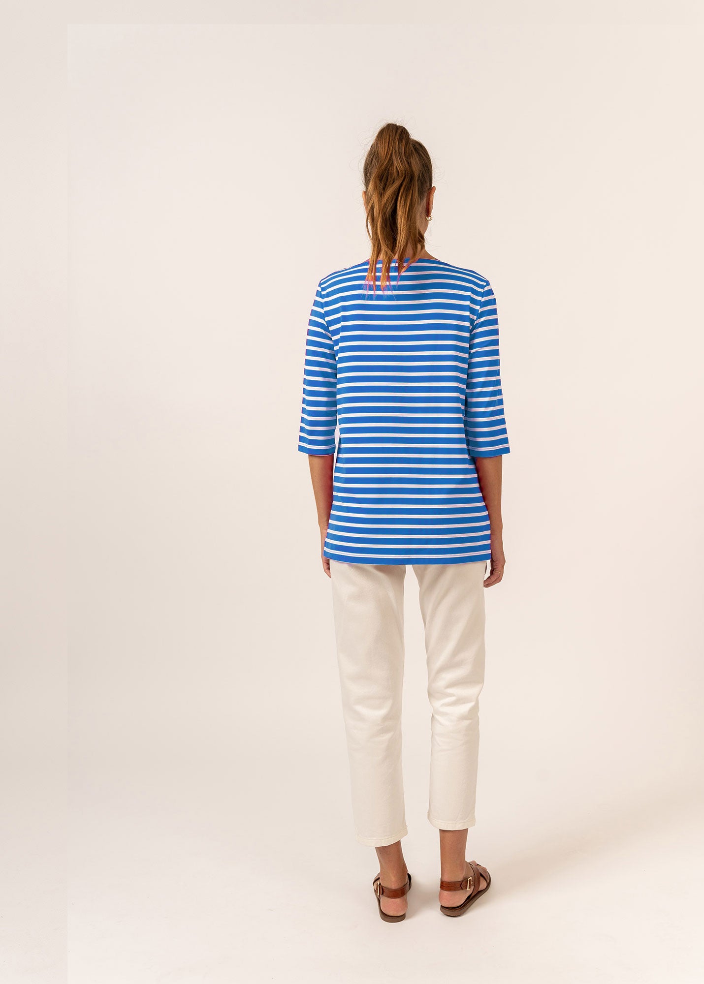 PHARE Women's Boat Neck Striped Tunic Top with Side Slits | Stretch UV Protection Fabric | MER BLUE/WHITE | Casual Summer Beachwear & Vacation Outfit