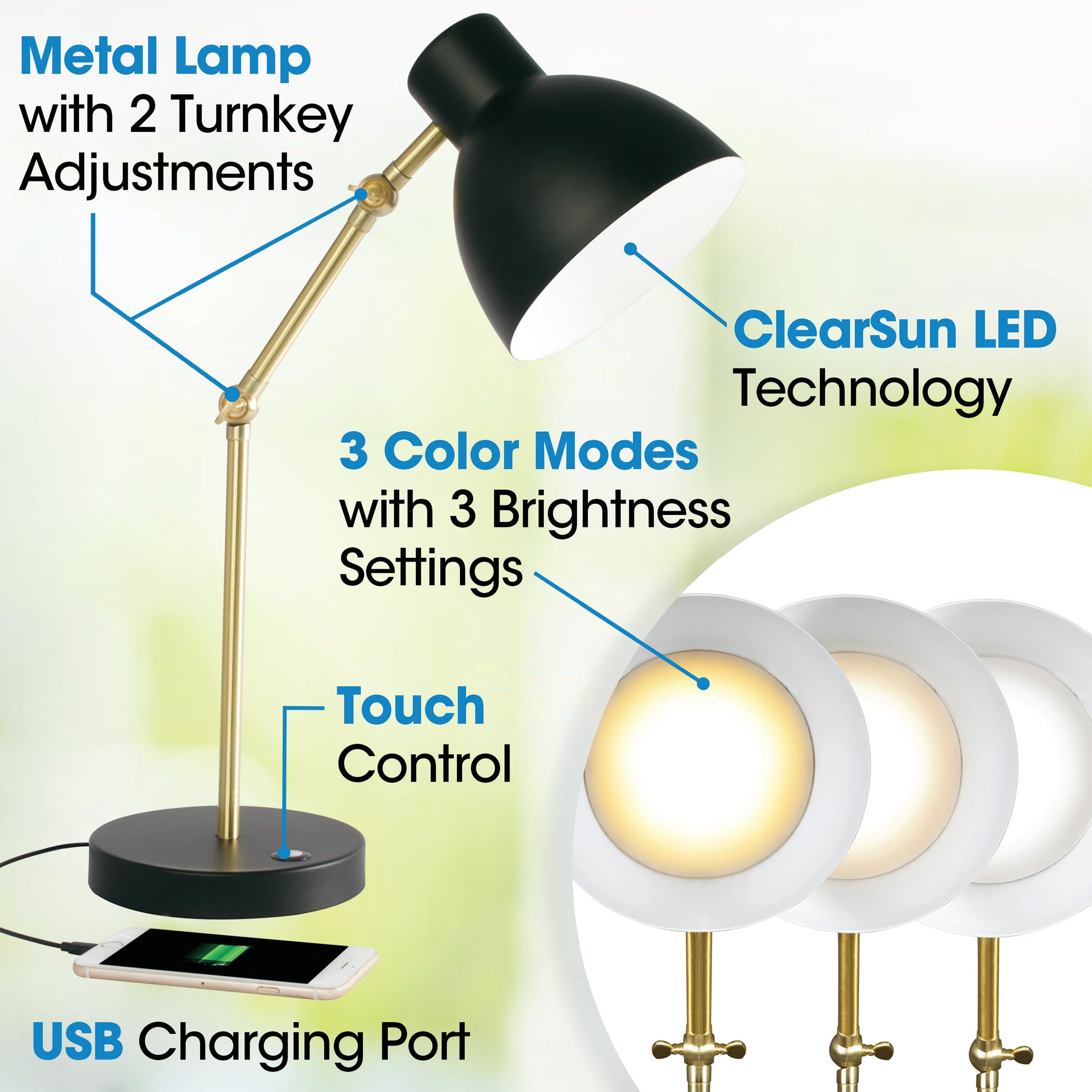 OttLite Adapt LED Desk Lamp with USB Port - Adjustable Brightness for Office, Bedroom, Crafts & Reading | Perfect for Home Office, Study & Nightstand Lighting
