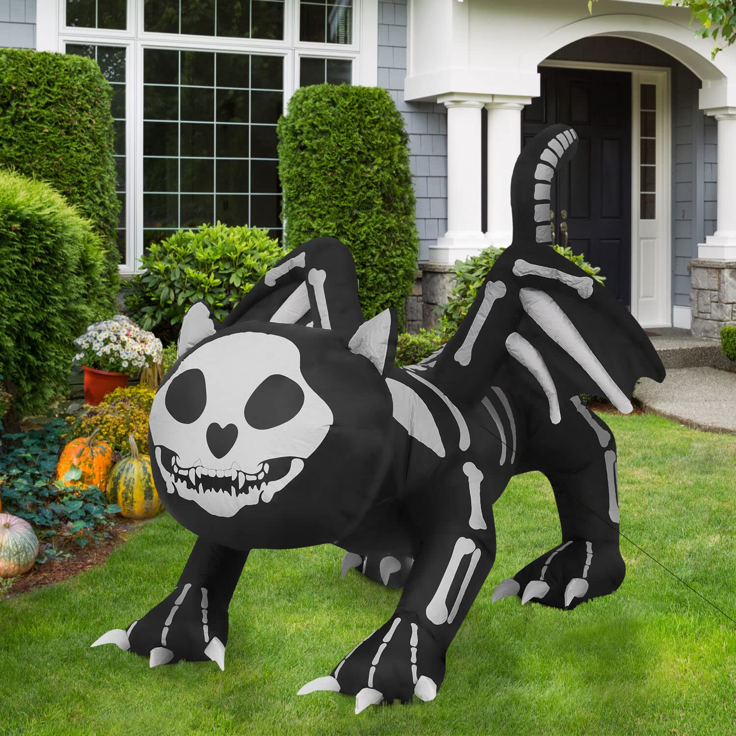 Haunted Hill Farm 5.9-Ft Wide Glowing Skeleton Cat Inflatable - Halloween Outdoor Decor with LED Lights for Yard, Patio & Garden - Spooky Giant Holiday Decoration for Halloween Parties & Trick-or-Treat Displays