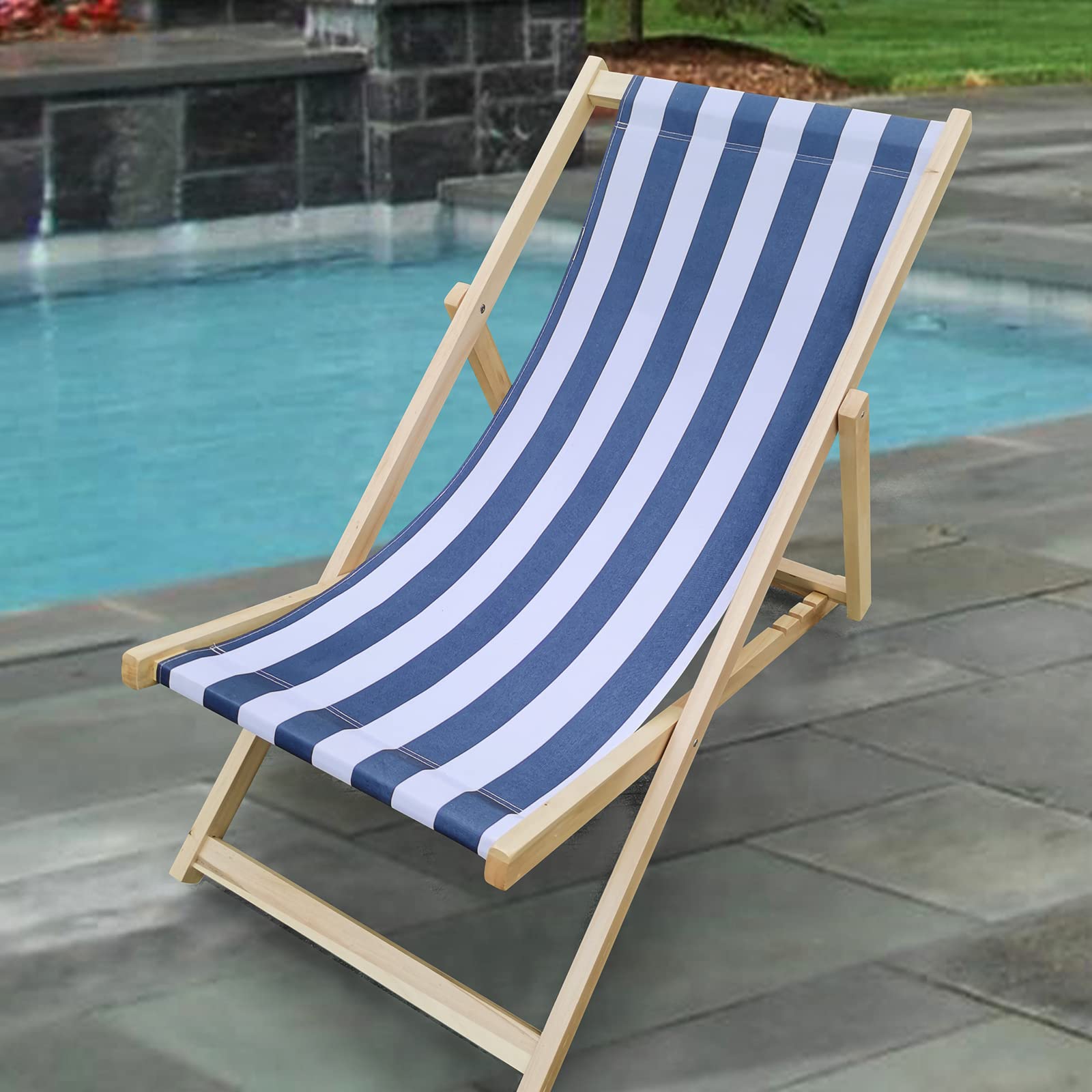 Adjustable Wood Backrest Folding Beach Sling Chair - Portable Outdoor Lounge Recliner for Patio, Lawn, Deck, Poolside & Camping - Comfortable Blue Relaxation Chair