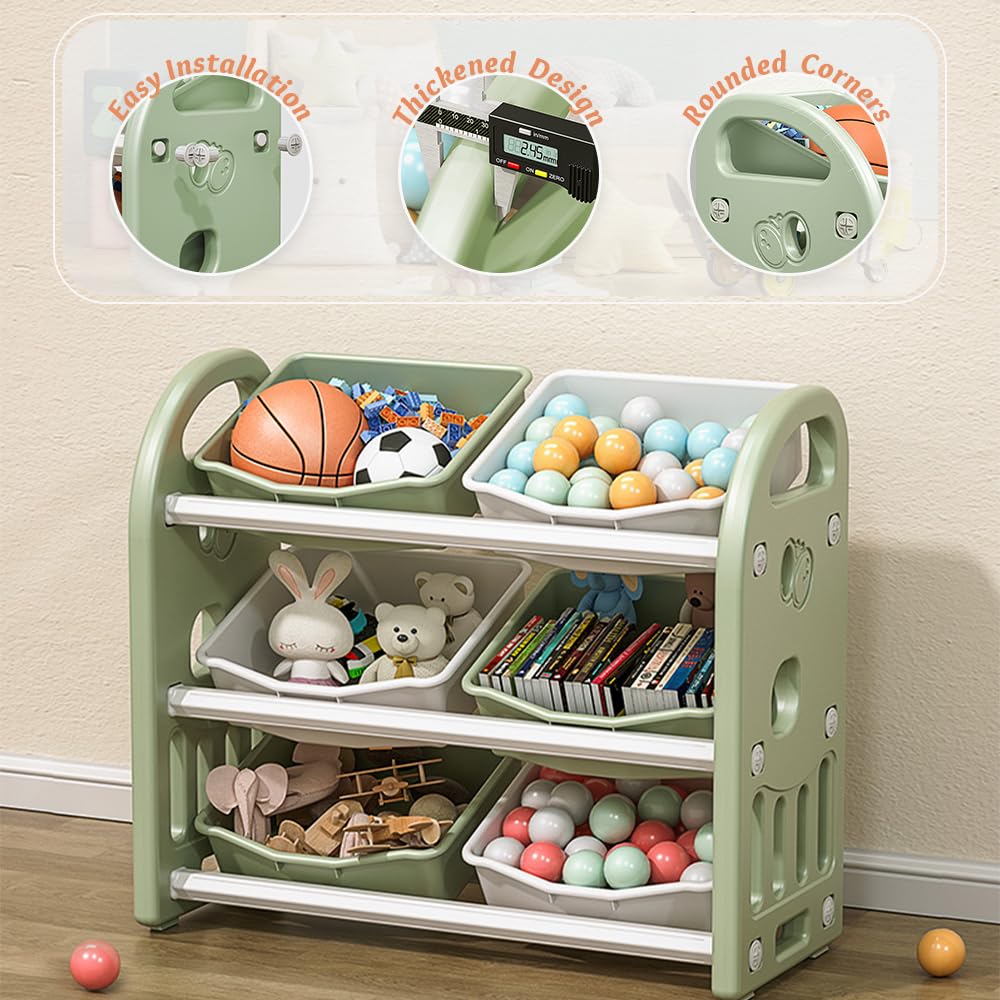 6-Bin Kids Toy Organizer - Sturdy Storage Solution for Children's Toys, Books, Building Blocks & School Supplies (Green) | Perfect for Playrooms, Bedrooms & Daycare Centers