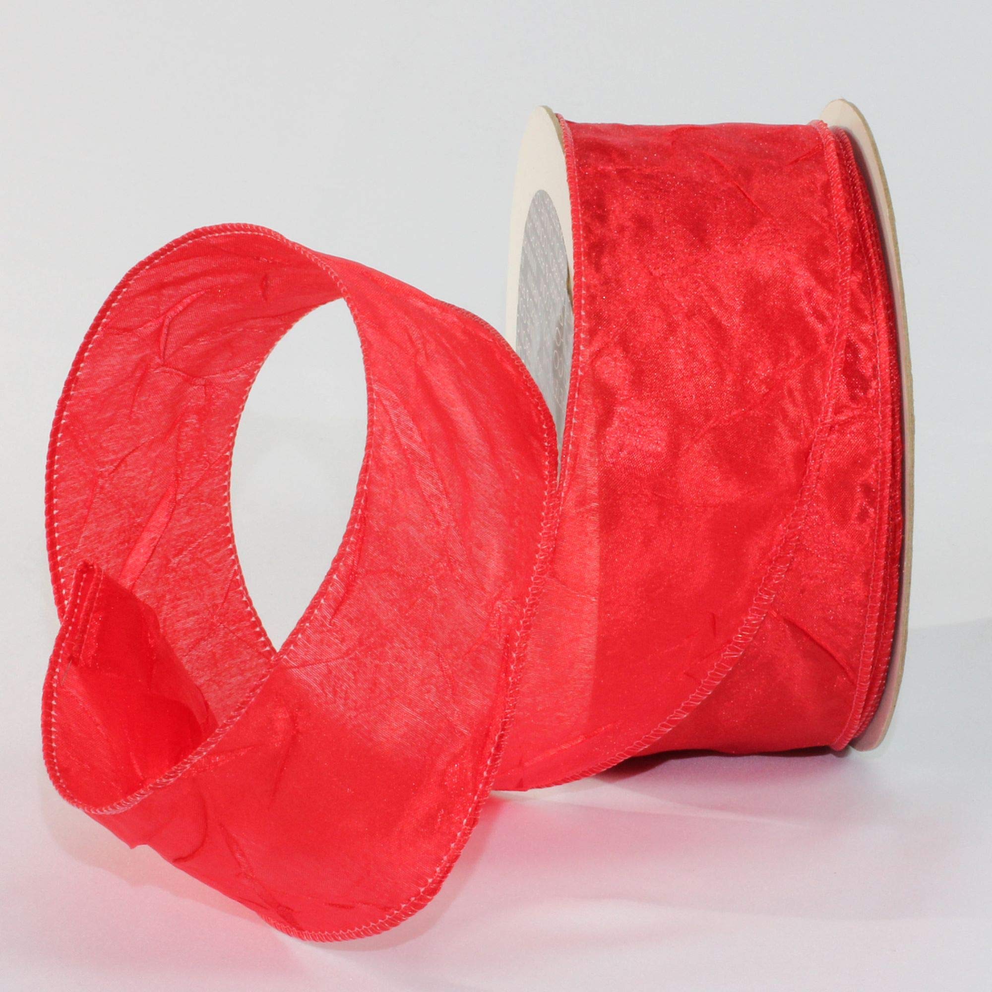 Shimmering Red Crinkled Satin Silk Wired Craft Ribbon - 2 Inch x 27 Yards for Gift Wrapping, DIY Decorations, Wedding Bouquets & Party Favors