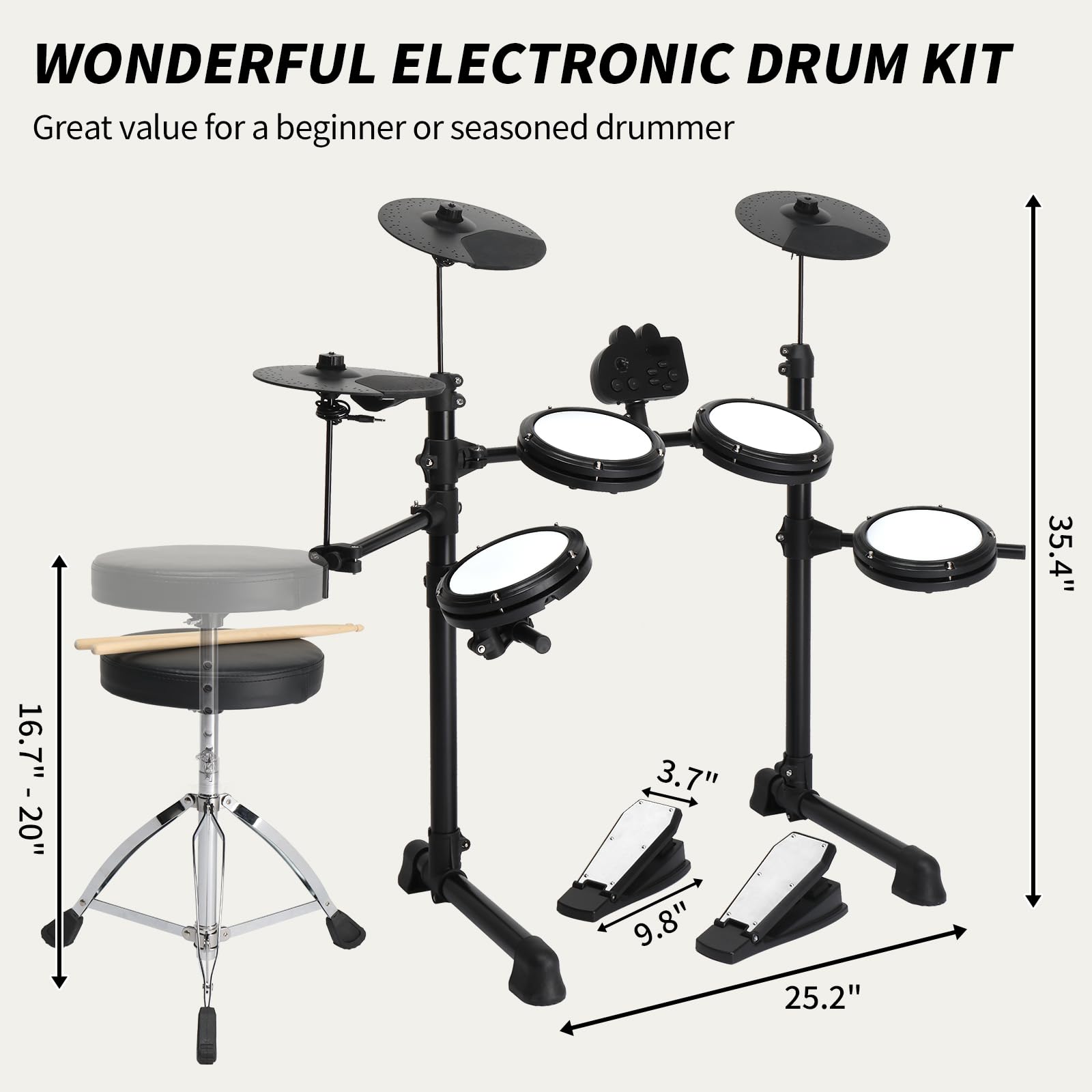 Ktaxon Electric Drum Kit for Beginners - Electronic Drum Set with Quiet Mesh Pads, 150 Sounds & 10 Demo Songs | USB MIDI Connectivity, Recording Function, Adjustable Drum Throne, Includes Headphones & Sticks | Perfect for Home Practice, Studio Recording & Music Learning