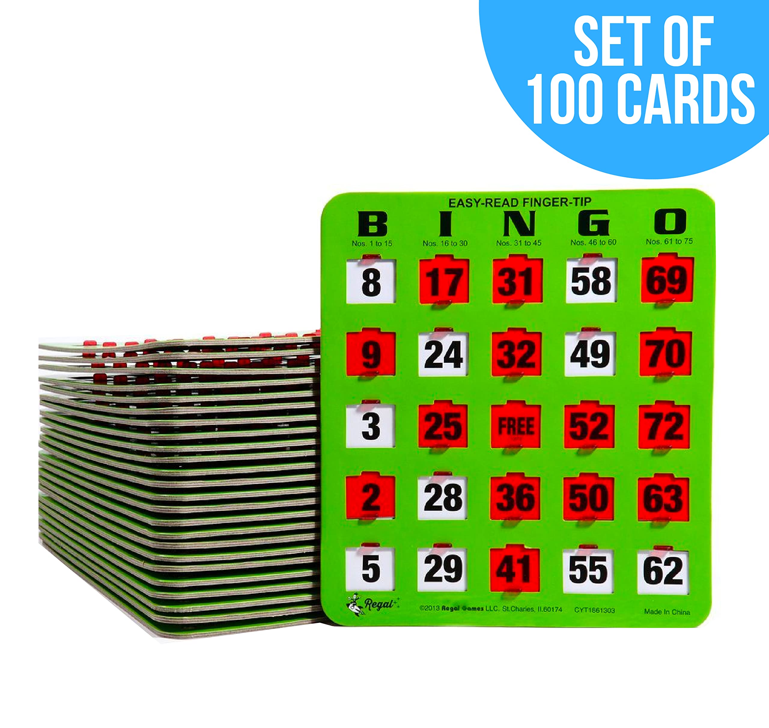 Regal Bingo Shutter Slide Bingo Cards - 8” x 9” Green Cardstock - 5-Ply Durable - No Duplicates - Red Sliding Windows - Perfect for Large Groups & Bulk Purchasing - Ideal for Bingo Nights, Fundraisers, Senior Activities & Family Game Nights