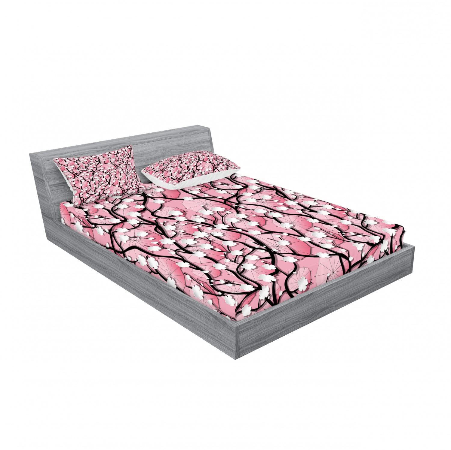 Ambesonne 2-Piece Full Size Fitted Sheet Set with 4 Pillow Shams - Sakura Tree & Umbrella Floral Design in Pink & Black - Soft Bedding for Guest Rooms, Dorms, Apartments - Machine Washable Wrinkle-Resistant Sheets