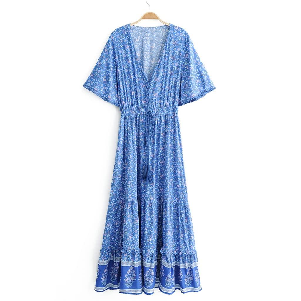 JHHDP Women's Long Floral Print Boho Dress - Blue Sexy Deep V Neck Summer Maxi Dress for Beach Vacation, Party & Casual Wear