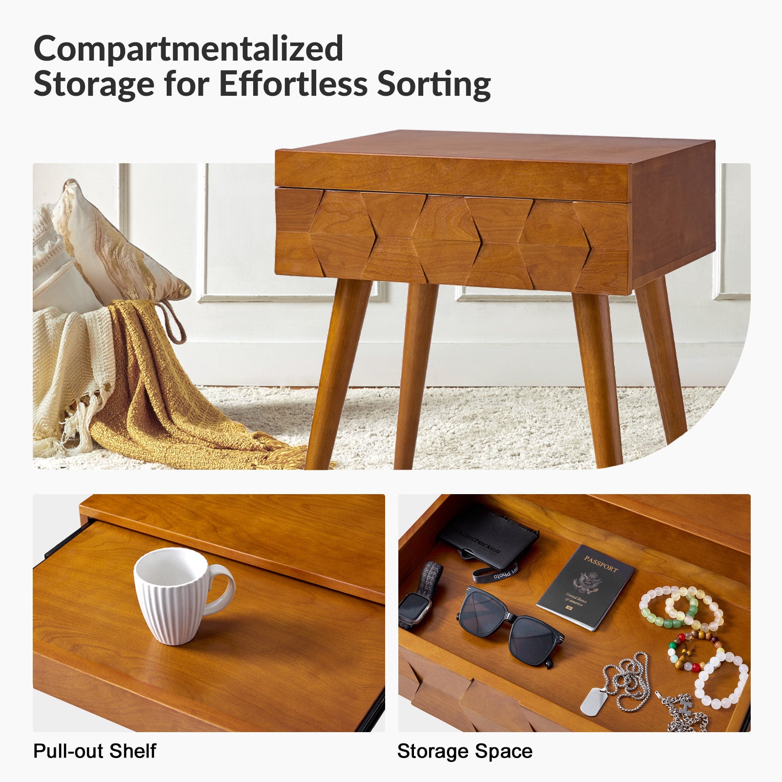 Vivian Mid-Century Modern Nightstand with USB Charging Station - Wooden Bedside Table with Drawer & Shelf - Perfect for Bedroom, Living Room, or Guest Room - Fast Charging & Stylish Storage Solution