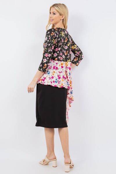 Celeste Floral Print Asymmetrical Hem Round Neck Blouse - Women's Fashion Tops for Casual Outings & Date Nights