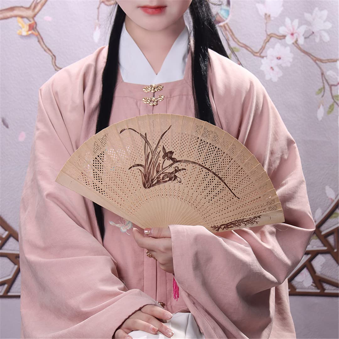 1PC Sandalwood Folding Fan - Handheld Ancient Style Decorative Fan with Hollow Carving for Home Decor, Wedding, Photo Props & Gifts