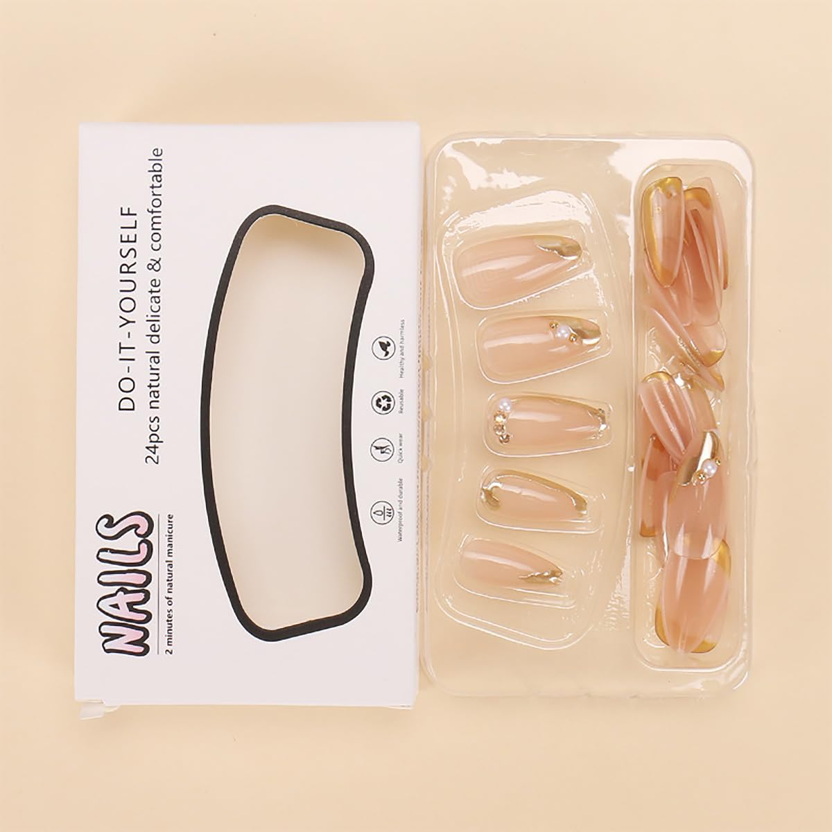 24Pcs French Tip Press on Nails - Medium Almond Fake Nails with 3D Pearls & Rhinestones, Gold French Line Full Cover Acrylic False Nails for Women - Perfect for Parties, Weddings, and Everyday Nail Decoration