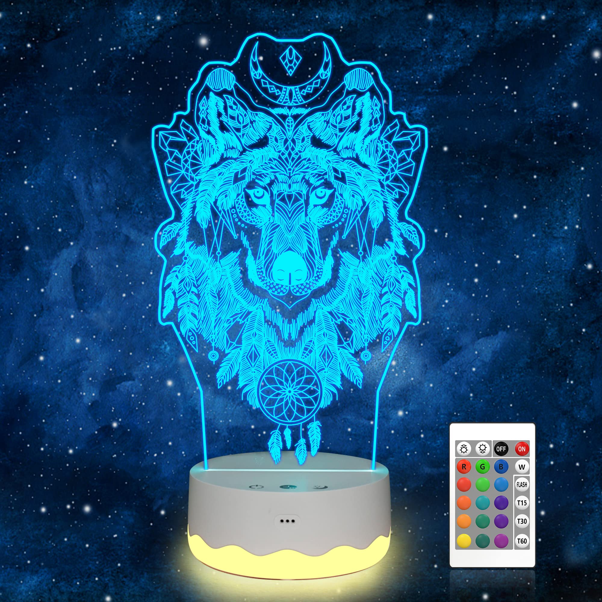 3D Illusion LED Wolf Dream Catcher Night Light with Remote - 16 Color Changing Lights for Nursery, Kids Room & Adult Bedroom Decor - Perfect Gift for Boys, Girls & Women (Wolf Design) - Creates Soothing Ambiance for Sleep, Relaxation & Meditation Spaces