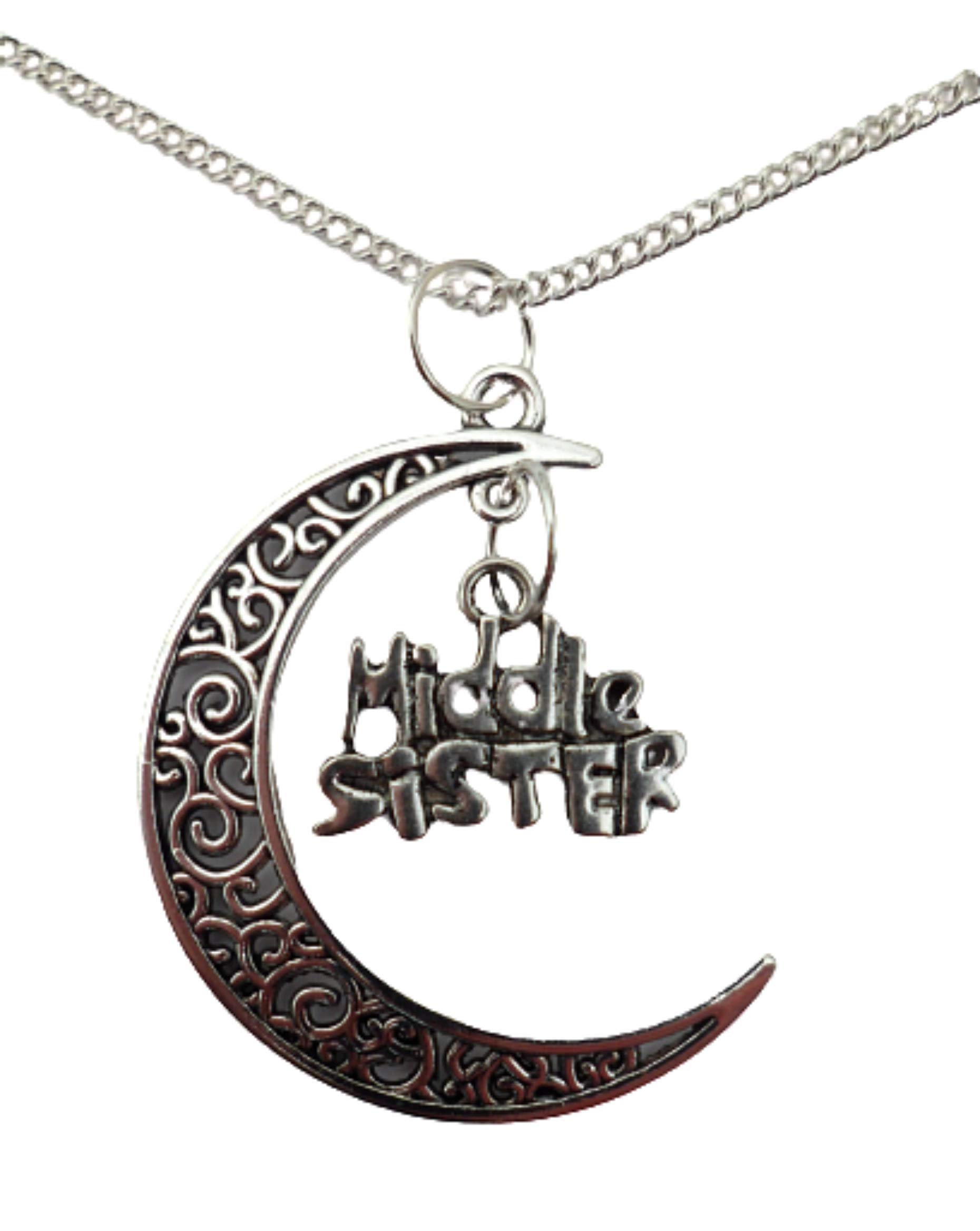Silver Plated Necklace with Middle Sister Charm & Crescent Moon Pendant - Perfect for Birthdays, Anniversaries, and Sisterhood Gifts