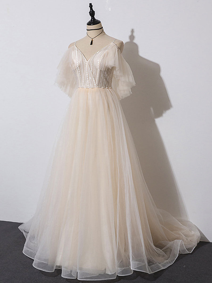 Elegant Champagne V-Neck Tulle Long Prom Dress for Women - Perfect for Evening Gala, Formal Dances & Special Occasions