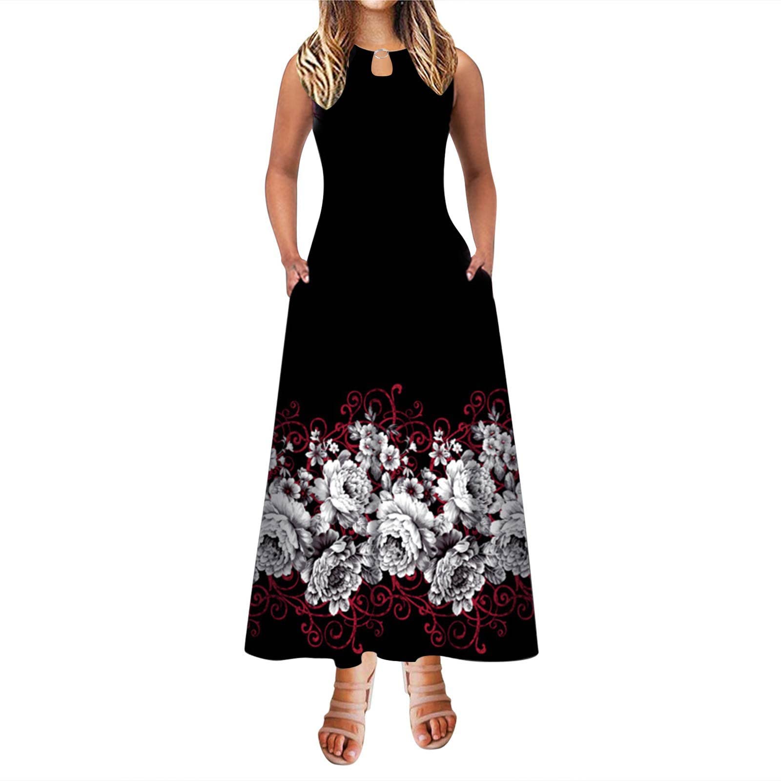 Floral Print Sleeveless A-Line Maxi Dress with Pockets - Elegant Summer Long Dress for Women, Perfect for Beach Vacations, Garden Parties & Date Nights