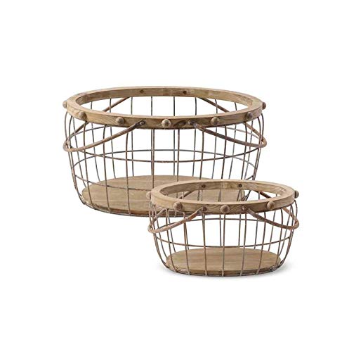 K&K Interiors Set of 2 Wood and Wire Nesting Oval Baskets with Beaded Trim - Rustic Home Decor Storage Bins for Living Room, Bedroom, or Bathroom Organization