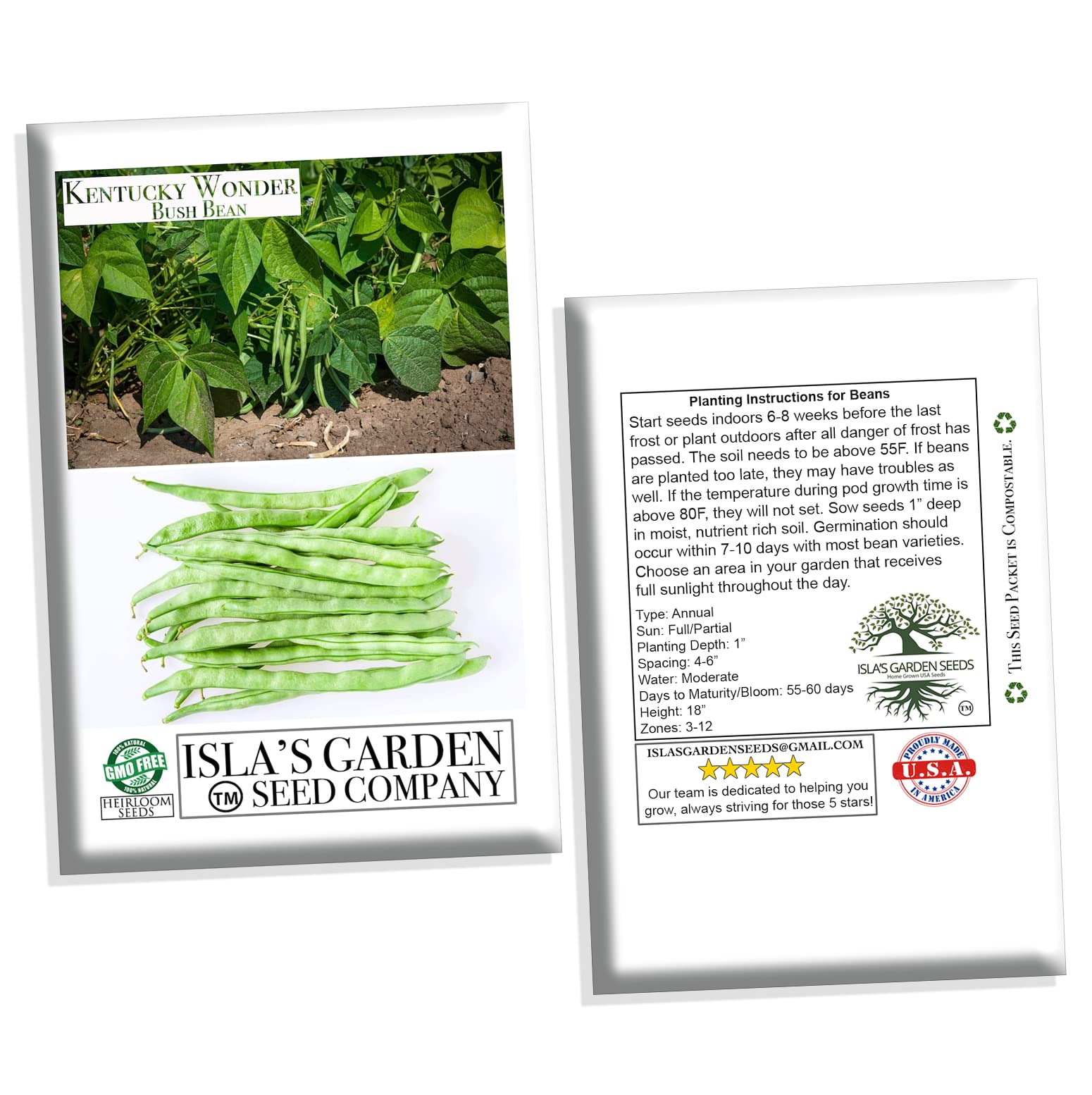 Kentucky Wonder Bush Bean Seeds for Planting - 30+ Heirloom, Non-GMO Phaseolus vulgaris Seeds by Isla's Garden | Perfect for Home Gardening, Vegetable Patches & Organic Farming