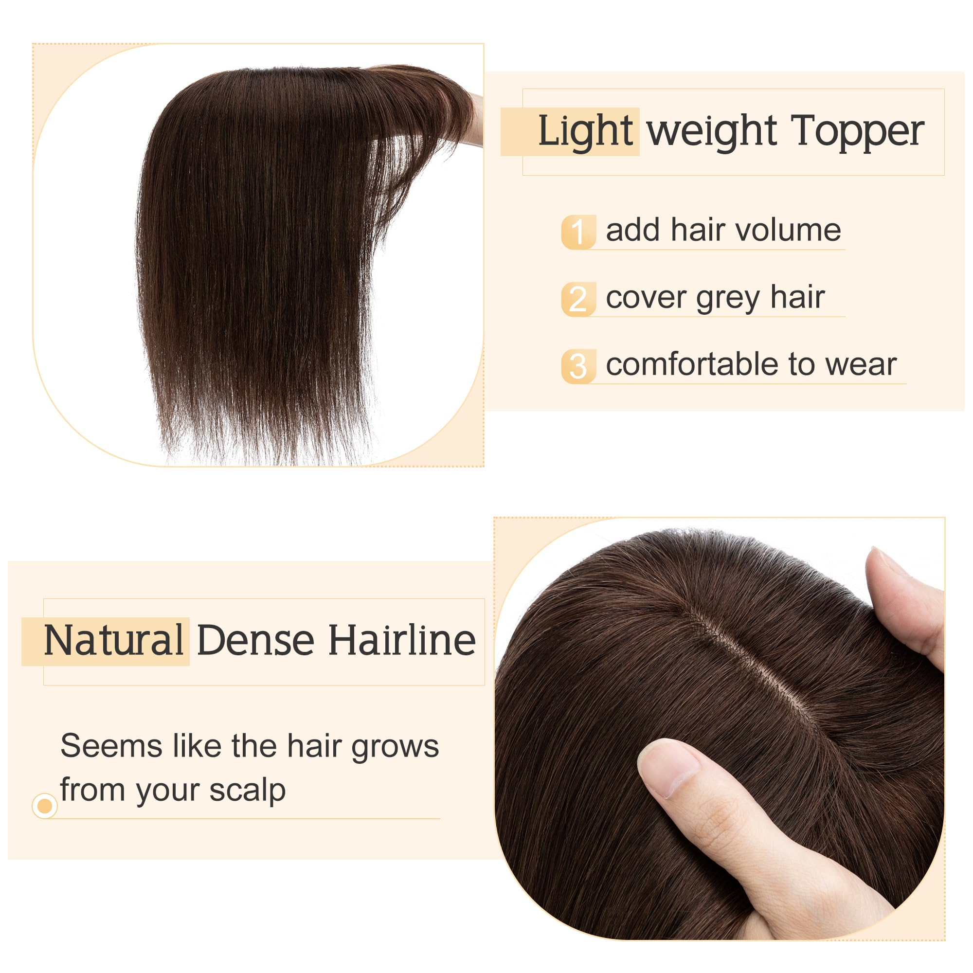 SEGO Human Hair Toppers for Women with Bangs - 7x13cm Silk Base, 100% Remy Clip-In Hairpiece for Thinning Hair (16