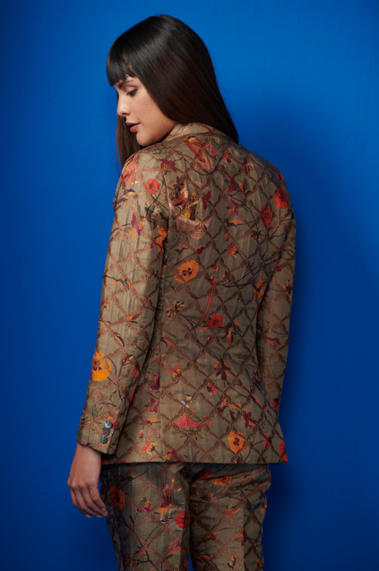 Elegant Rana Blazer - Silk Brocade Olive Green Women's Jacket for Office Wear & Evening Events