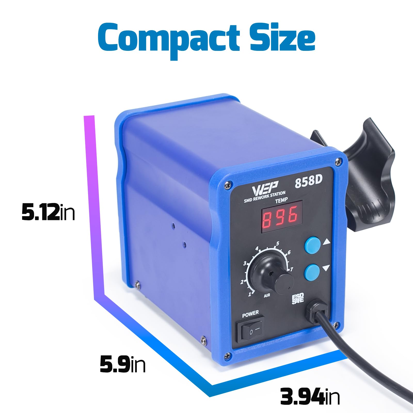 WEP 858D Digital Hot Air Rework Station with Temperature Control & Adjustable Air Flow - 3 Nozzles for SMD Soldering, PCB Repair, and Electronics DIY Projects