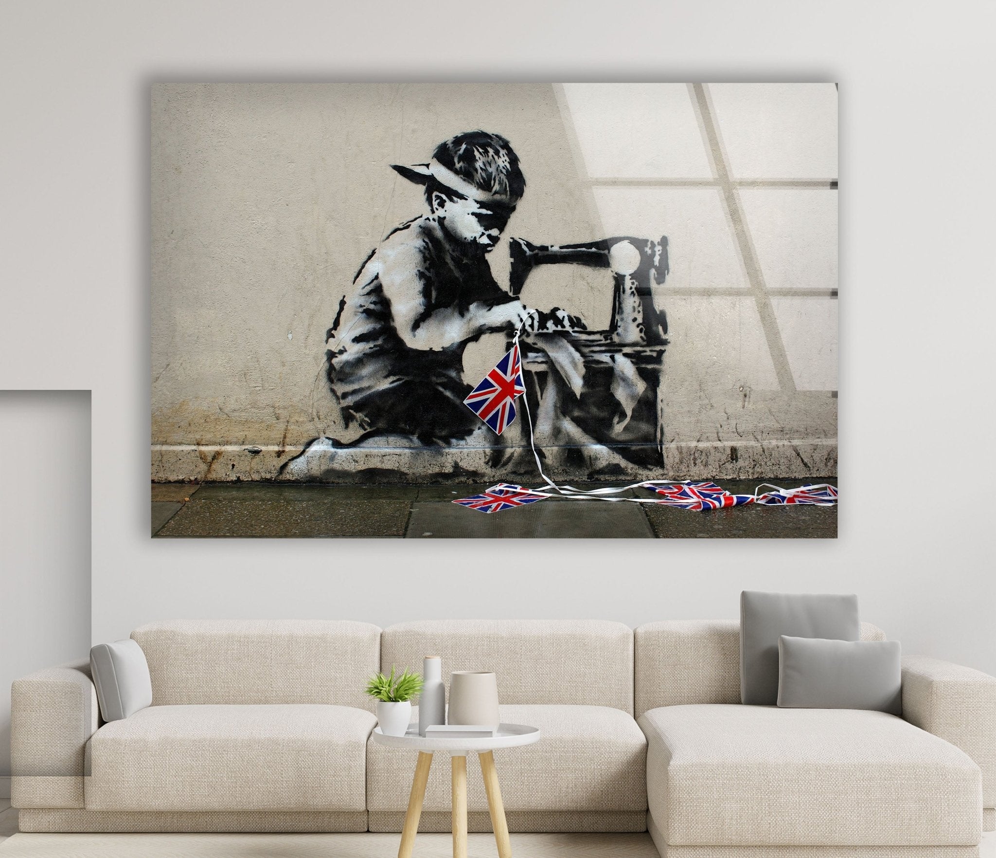 Banksy UK Flag Glass Wall Art - Modern British Street Art Decor for Living Room, Office & Gifts