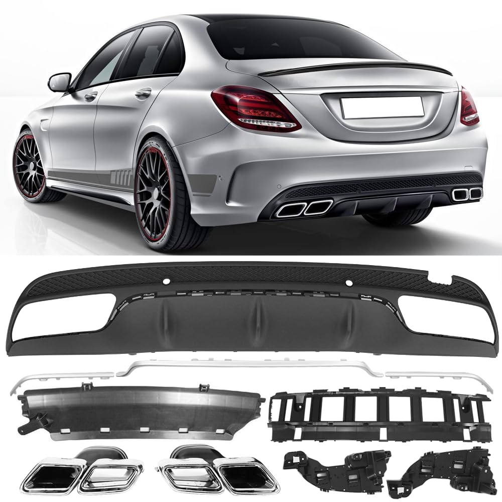 IKON MOTORSPORTS Rear Bumper Diffuser for 2015-2018 Mercedes W205 C63 AMG - Carbon Fiber Lower Valance Cover with Exhaust Tip - Enhances Aerodynamics & Sporty Look (Perfect for Car Enthusiasts & Performance Upgrades)