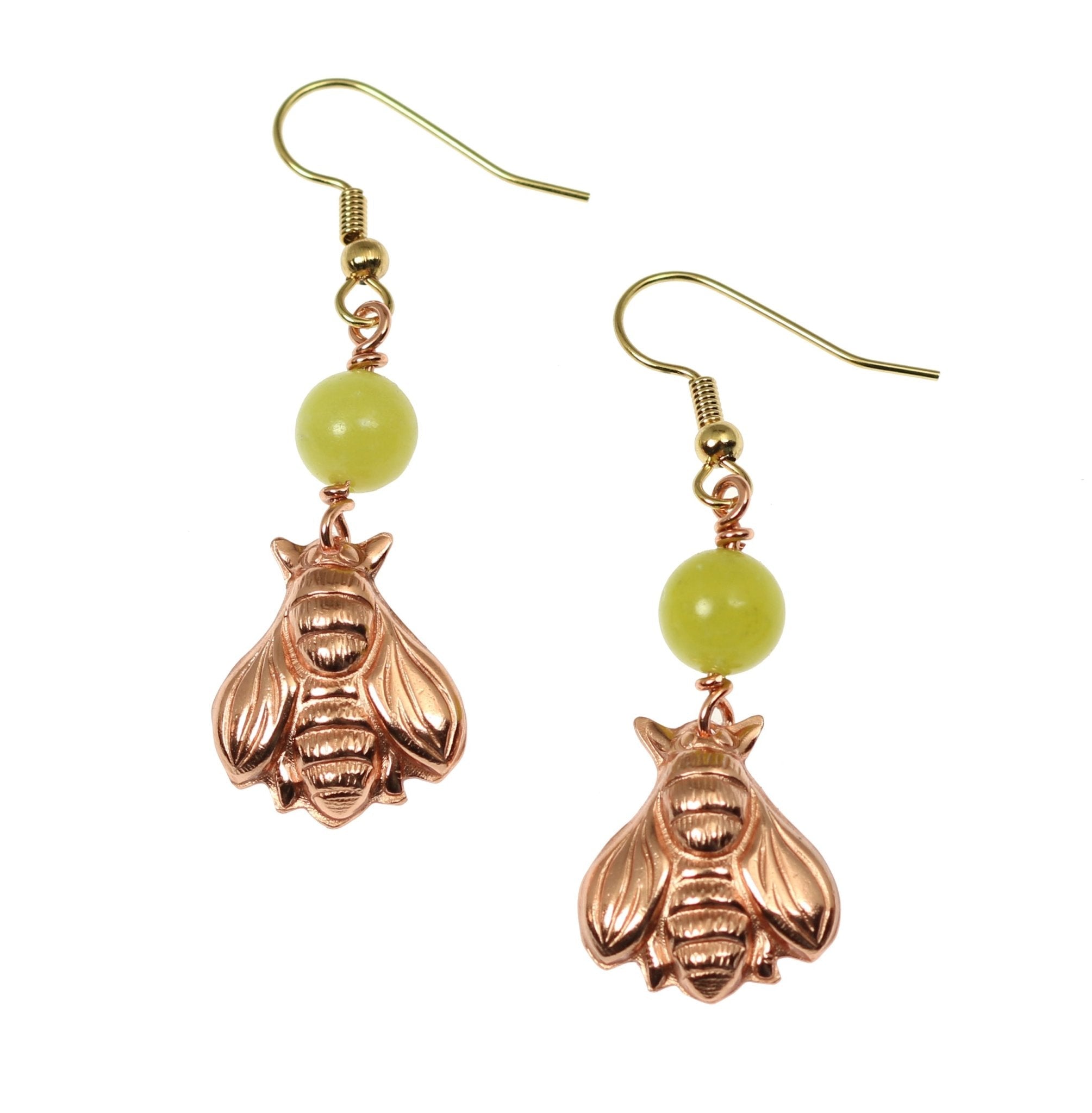 Handmade Copper Honey Bee Drop Earrings with Serpentine Gemstone - Boho Chic Jewelry for Women, Perfect for Spring & Summer Outfits, Weddings & Nature-Inspired Fashion