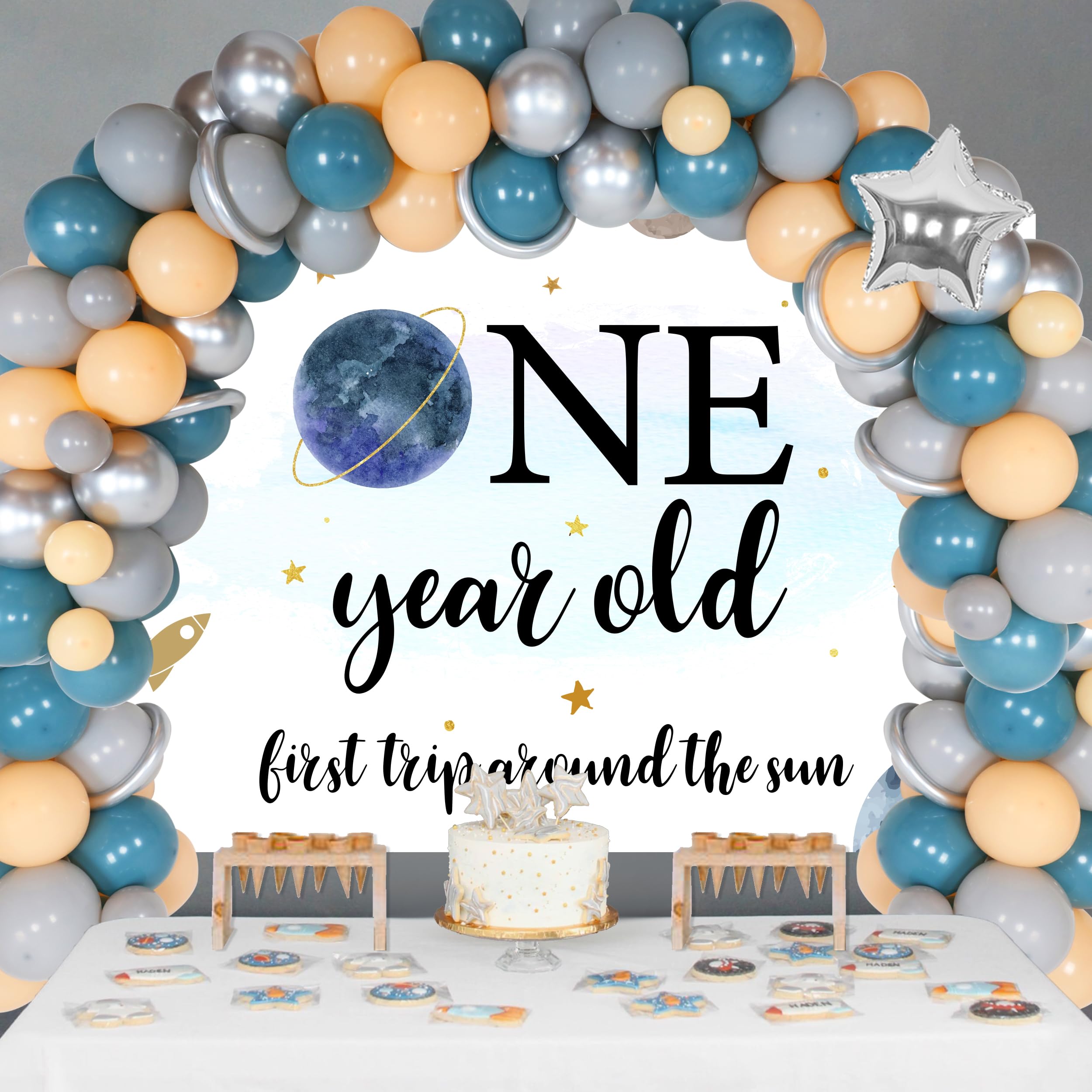 Outer Space Themed 1st Birthday Party Decorations for Boys - First Trip Around the Sun Balloon Garland Arch, One Year Old Backdrop, Planet Star Astronaut Foil Balloons | Perfect for Baby Boy's First Birthday, Space-Themed Nursery Decor, and Cosmic Celebration Parties