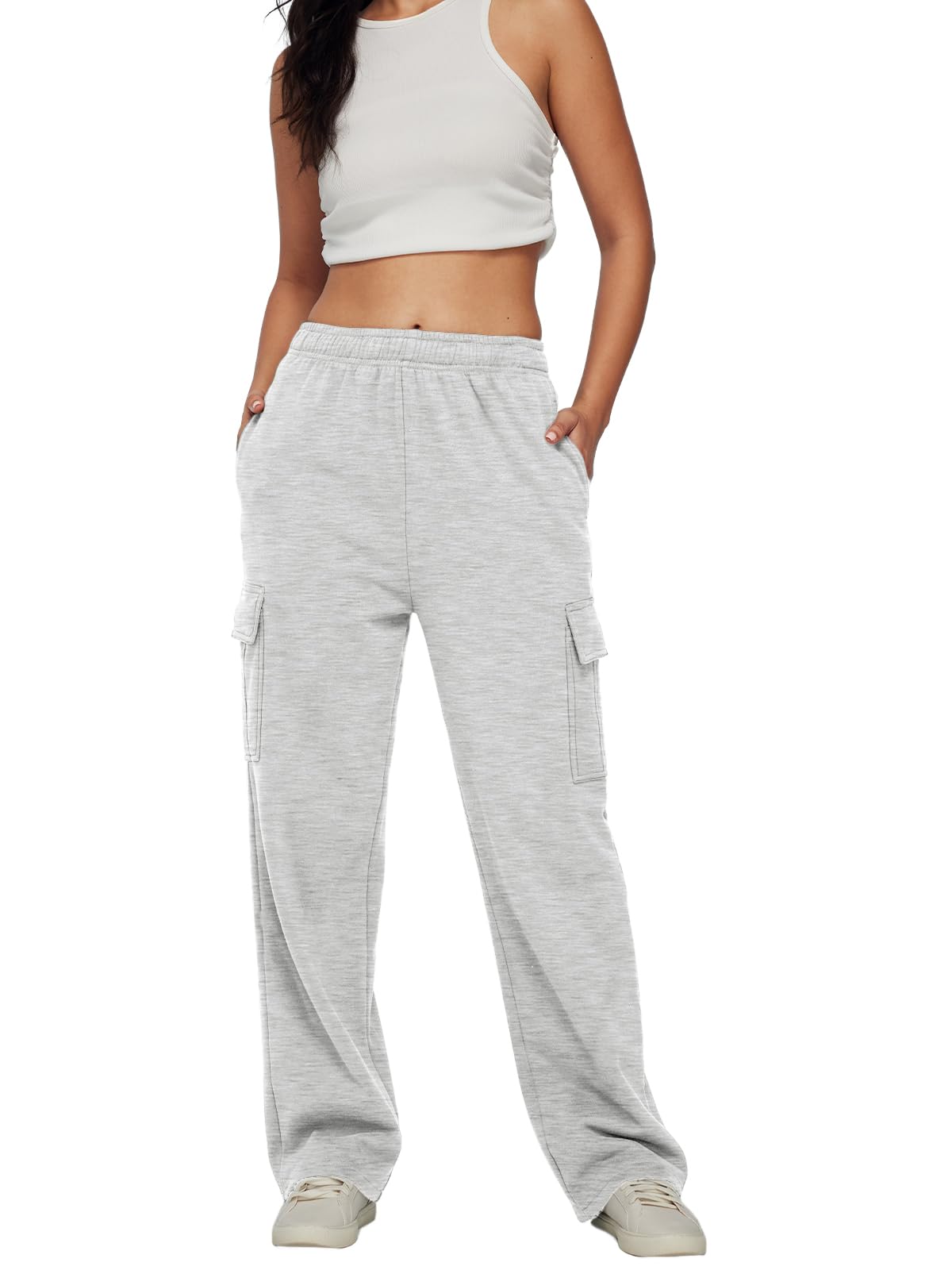Trendy Queen Women's High Waisted Fleece Cargo Sweatpants - Wide Leg Baggy Winter Pants with Pockets for Casual Wear & Outdoor Activities