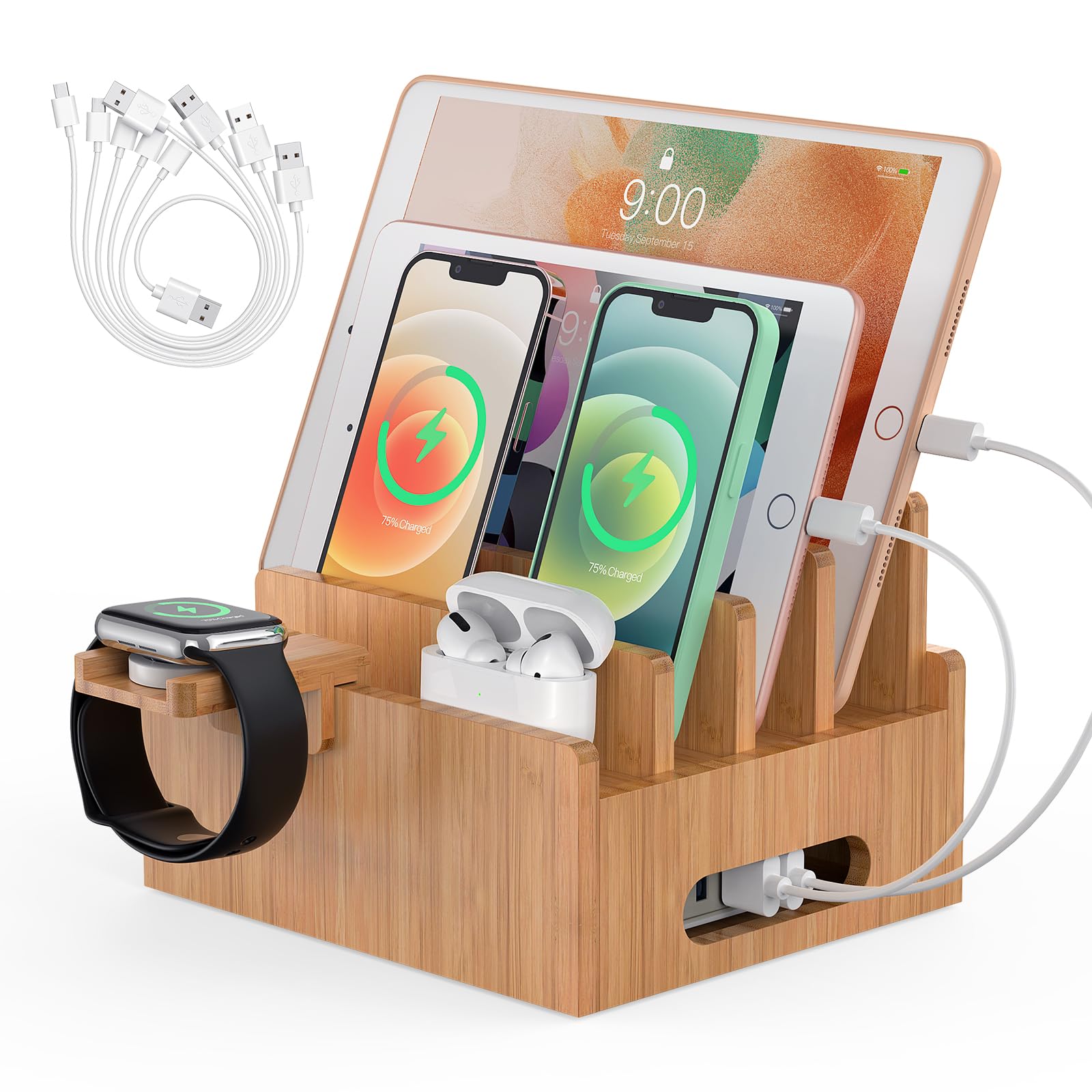 Pezin & Hulin Bamboo Multi-Device Charging Station - 6-in-1 Desk Organizer Dock for iPhone, Samsung, AirPods, Smartwatch & Tablet - Cord Management Solution for Home & Office (No Wall Charger Included)