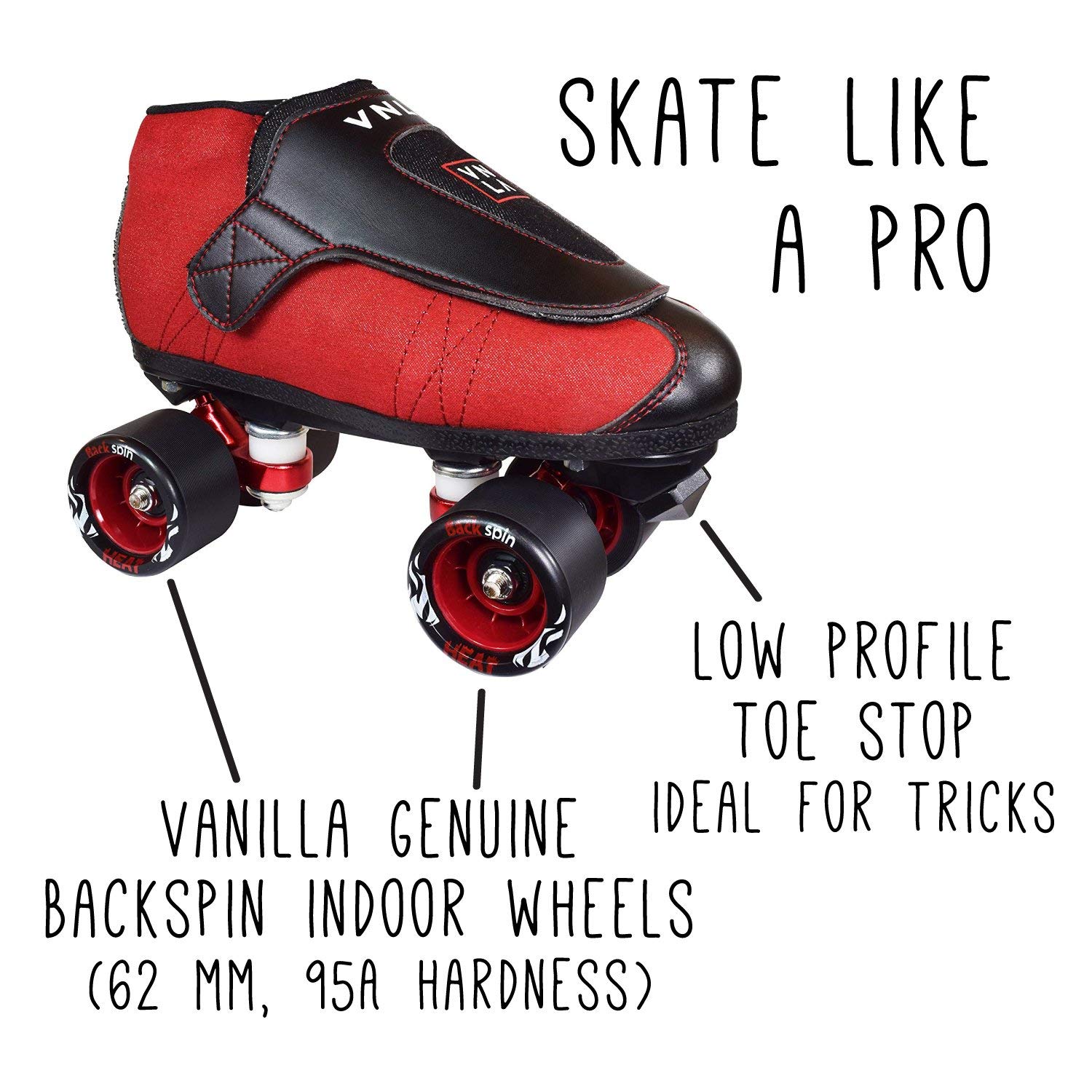 VNLA Junior Code Red Jam Skates for Men & Women - Unisex Indoor Roller Skates for Tricks, Jam Skating & Roller Derby - Red/Black Design for Rink, Park & Street Performance