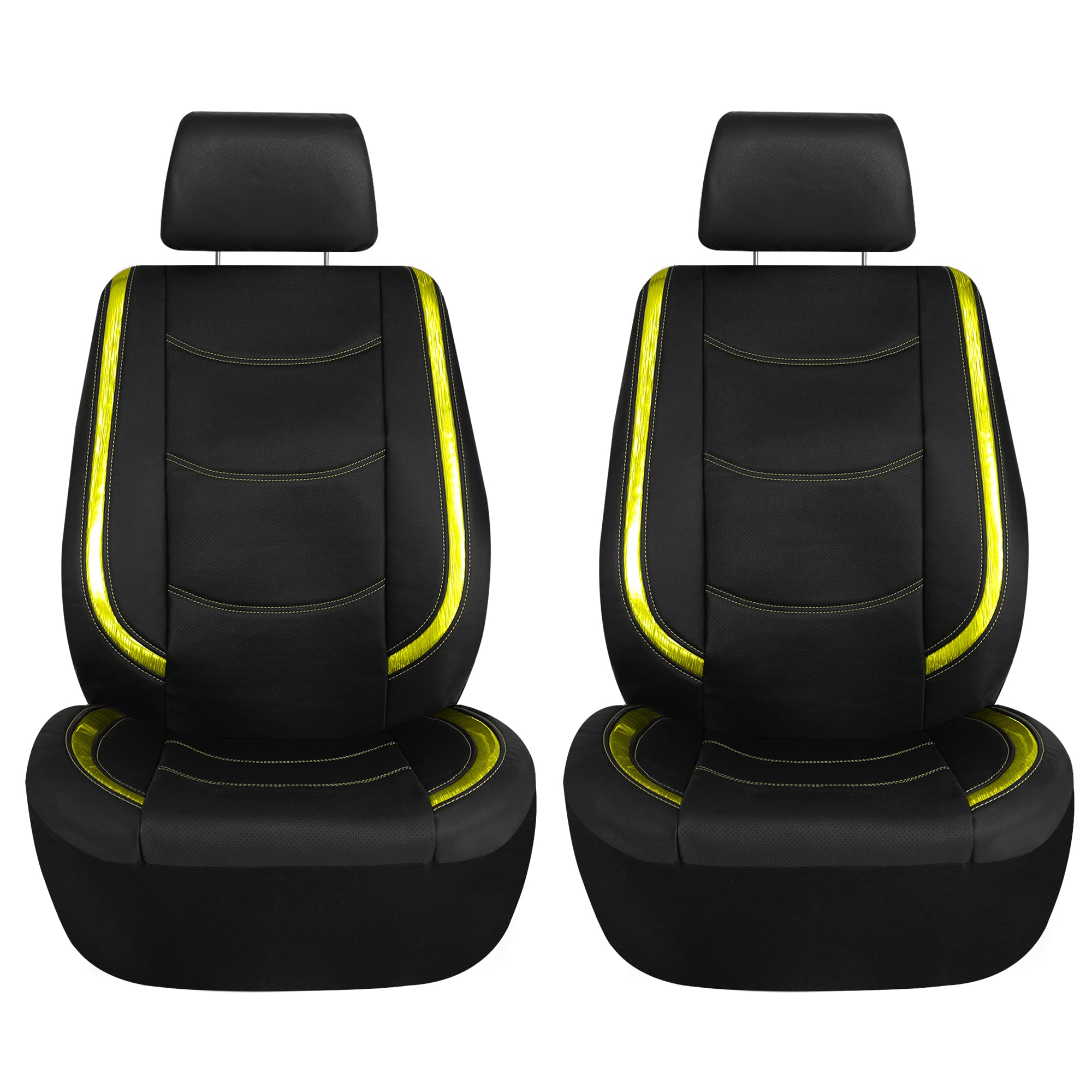 TLH Automotive Galaxy13 Metallic Striped Deluxe Leatherette Car Seat Covers - Universal Fit for Most Cars, Trucks, SUVs & Vans | Yellow Anti-Slip Protection with Built-in Pockets | Perfect for Road Trips, Commuting & Vehicle Protection