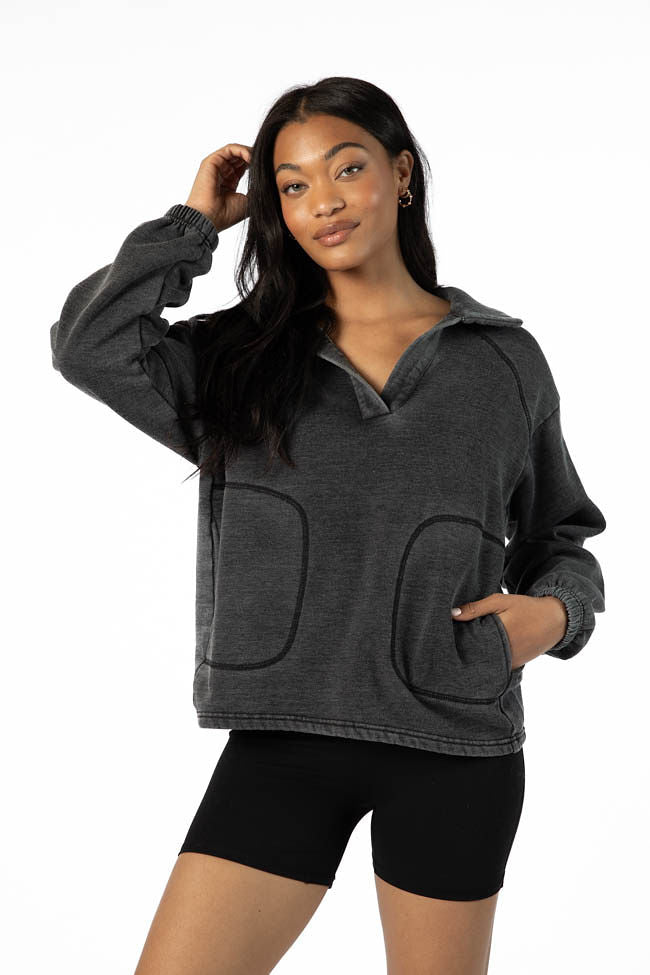 Learn As You Go Black Acid Wash Collared Pullover Sweatshirt | Vintage Style Oversized Hoodie for Men & Women | Perfect for Casual Wear, Street Fashion & Layering