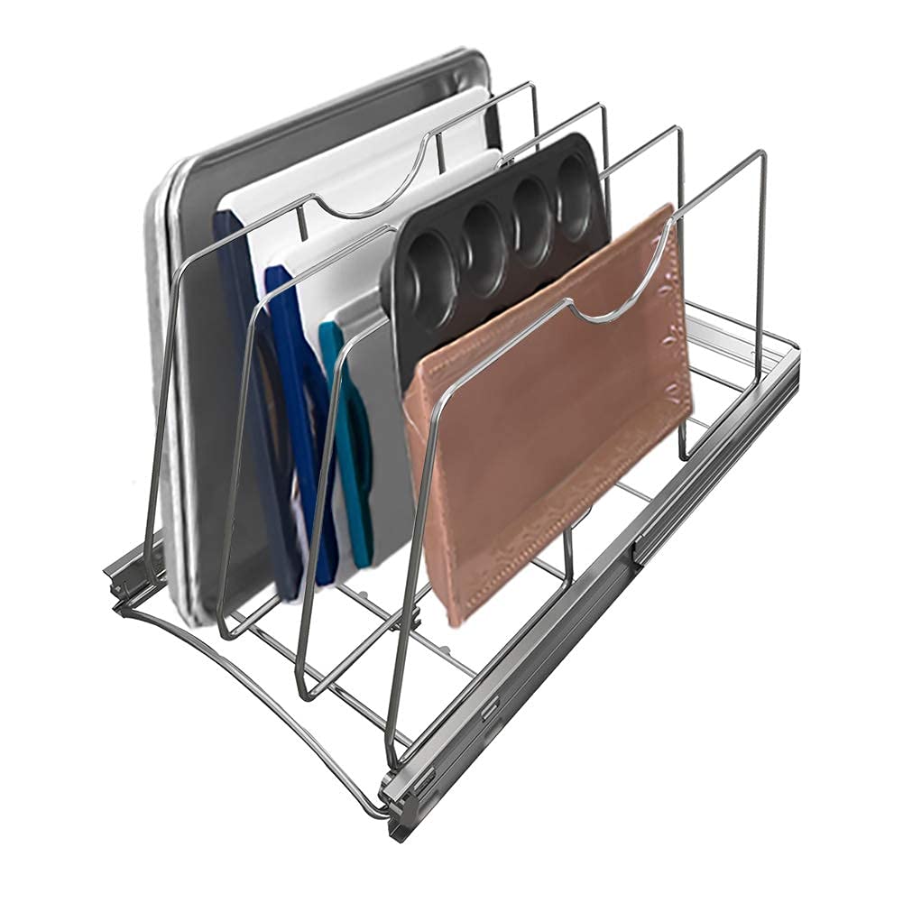 Adjustable Pull Out Cabinet Organizer for Cookie Sheets, Pans, Pots & Cutting Boards - 11