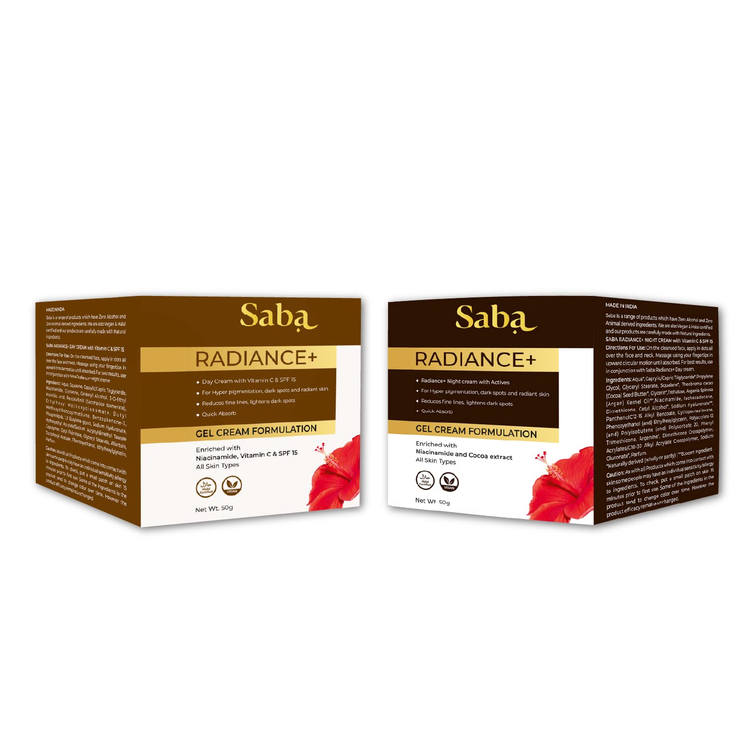 Saba Radiance+ Day & Night Gel Cream Set - 50g Each (2-Pack) | Hydrating & Brightening Skincare Duo for Glowing Skin - Perfect for Daily & Nighttime Routine