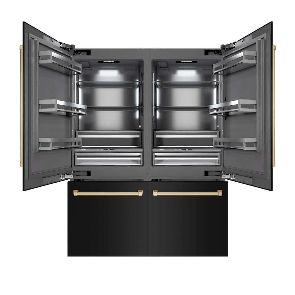 ZLINE Autograph Edition 60-Inch French Door Built-In Refrigerator with Bottom Freezer - 32.2 cu.ft Capacity, Water Dispenser & Ice Maker - Black Stainless Steel Exterior with Graphite Gray Interior & Champagne Bronze Accents (GRBIVZ BS 60 CB) - Perfect for Modern Kitchens & Luxury Homes
